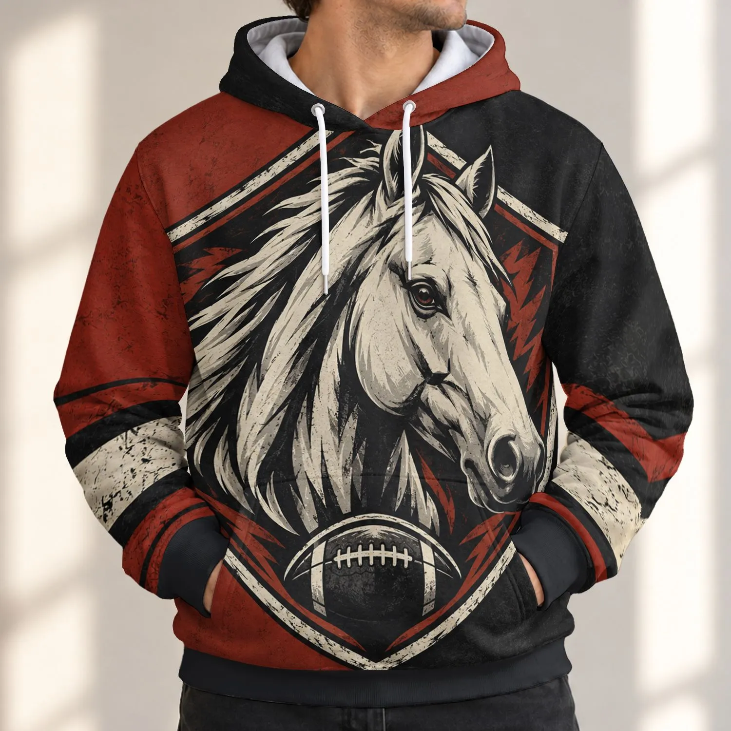 Horse Head Shield And Football Crest For Game Day And Casual Autumn Wear All-over Print Hoodie (Lightweight) - 1