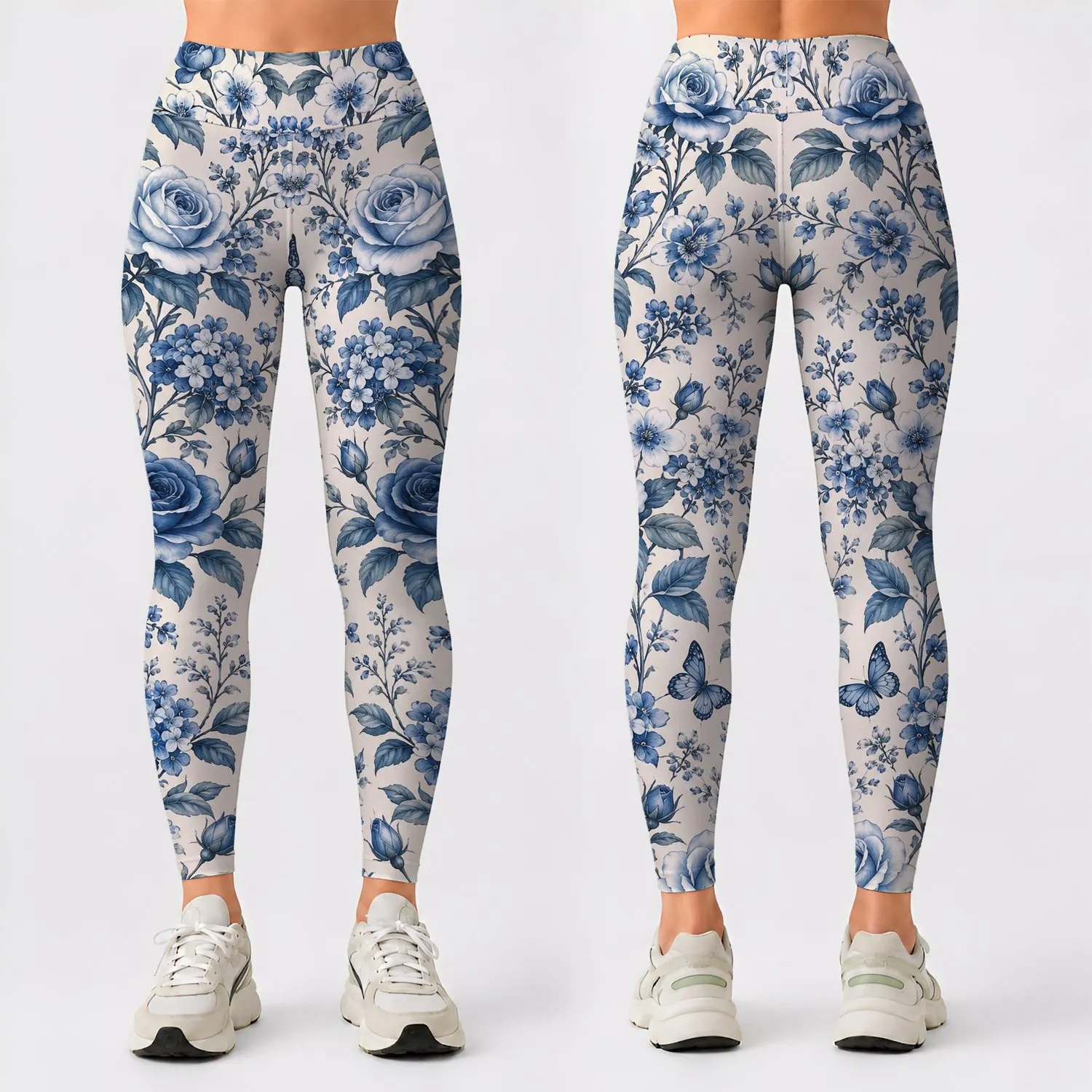 Blue And White Floral Blooms For Yoga, Pilates, And Everyday Outings Leggings - 1