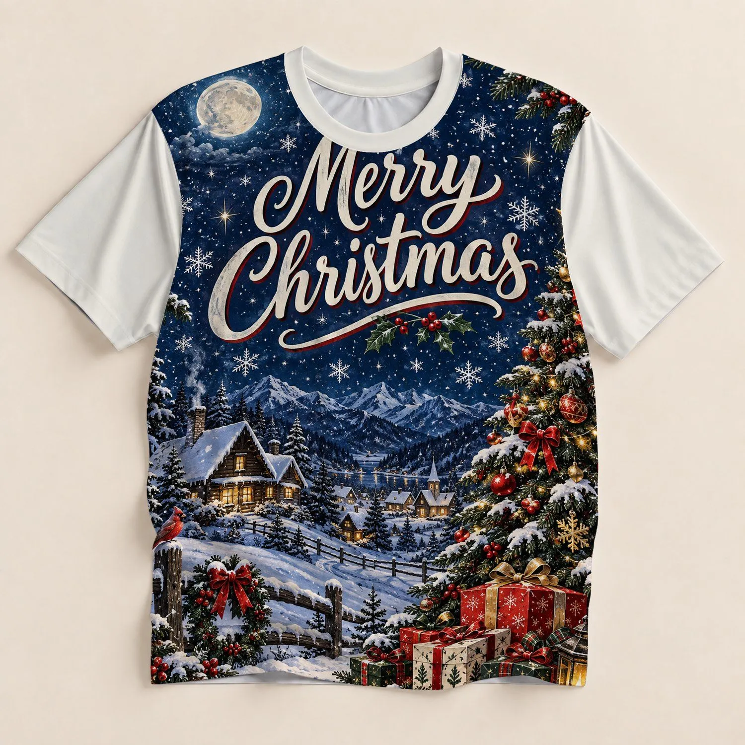 Blue Snowy Christmas Tree and Cabin for Cozy Holiday Gatherings with Family and Friends All-over Print Unisex T-shirt - 1