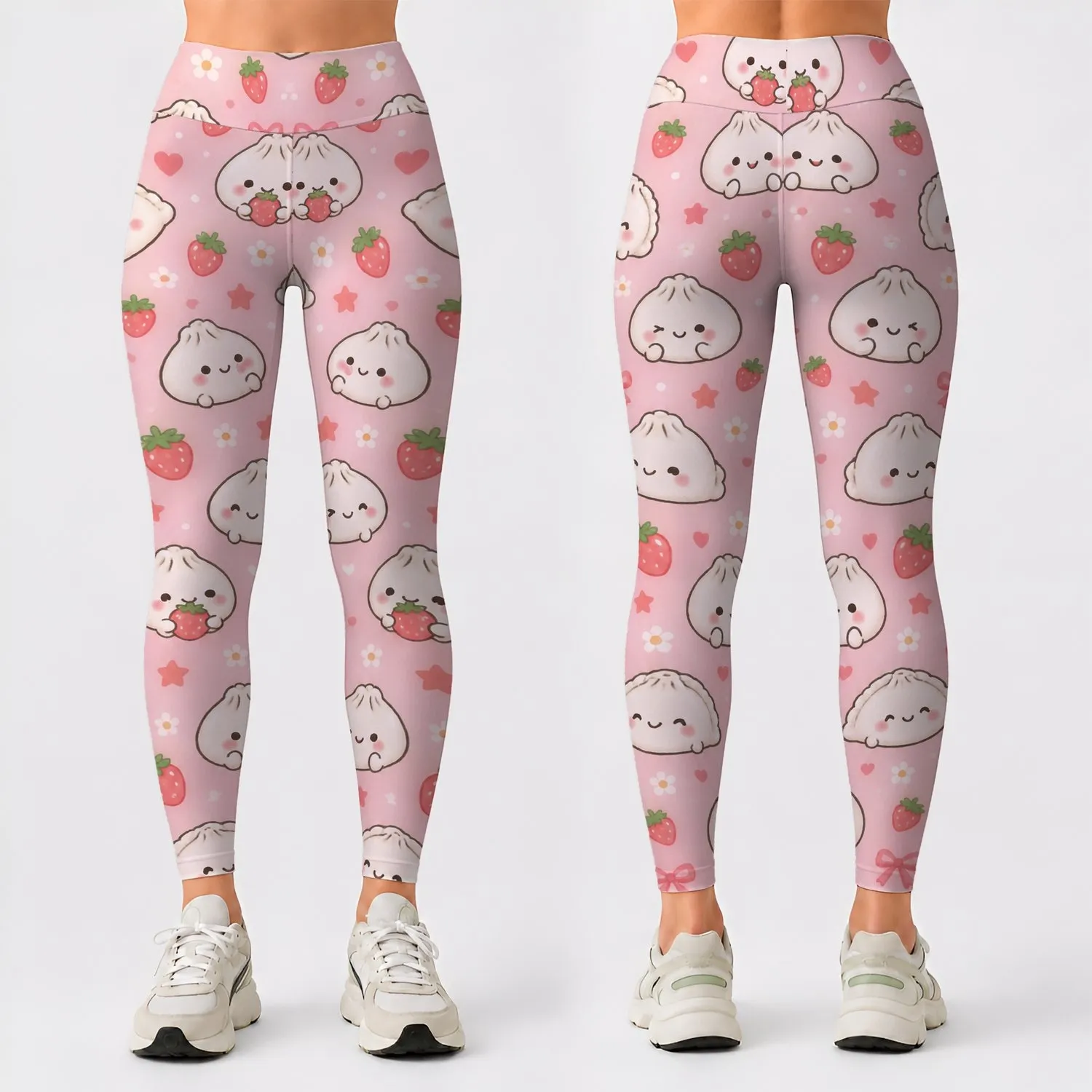 Cute Dumpling and Strawberry Stars for Playful Yoga, Gym Days and Weekend Training Leggings - 1