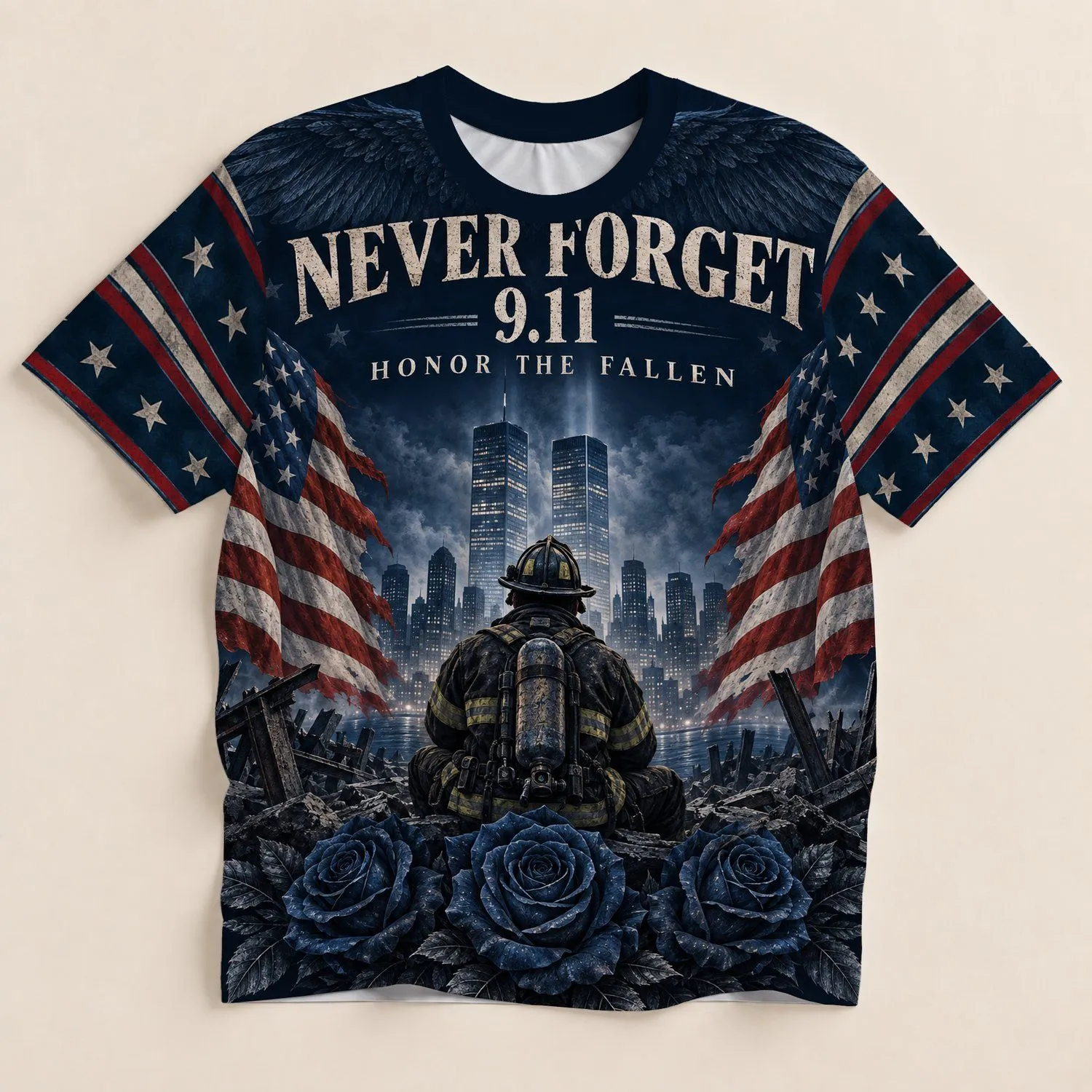 Firefighter Memorial Tribute With Roses And Flag Details For Remembrance Day Events All-over Print Unisex T-shirt - 1
