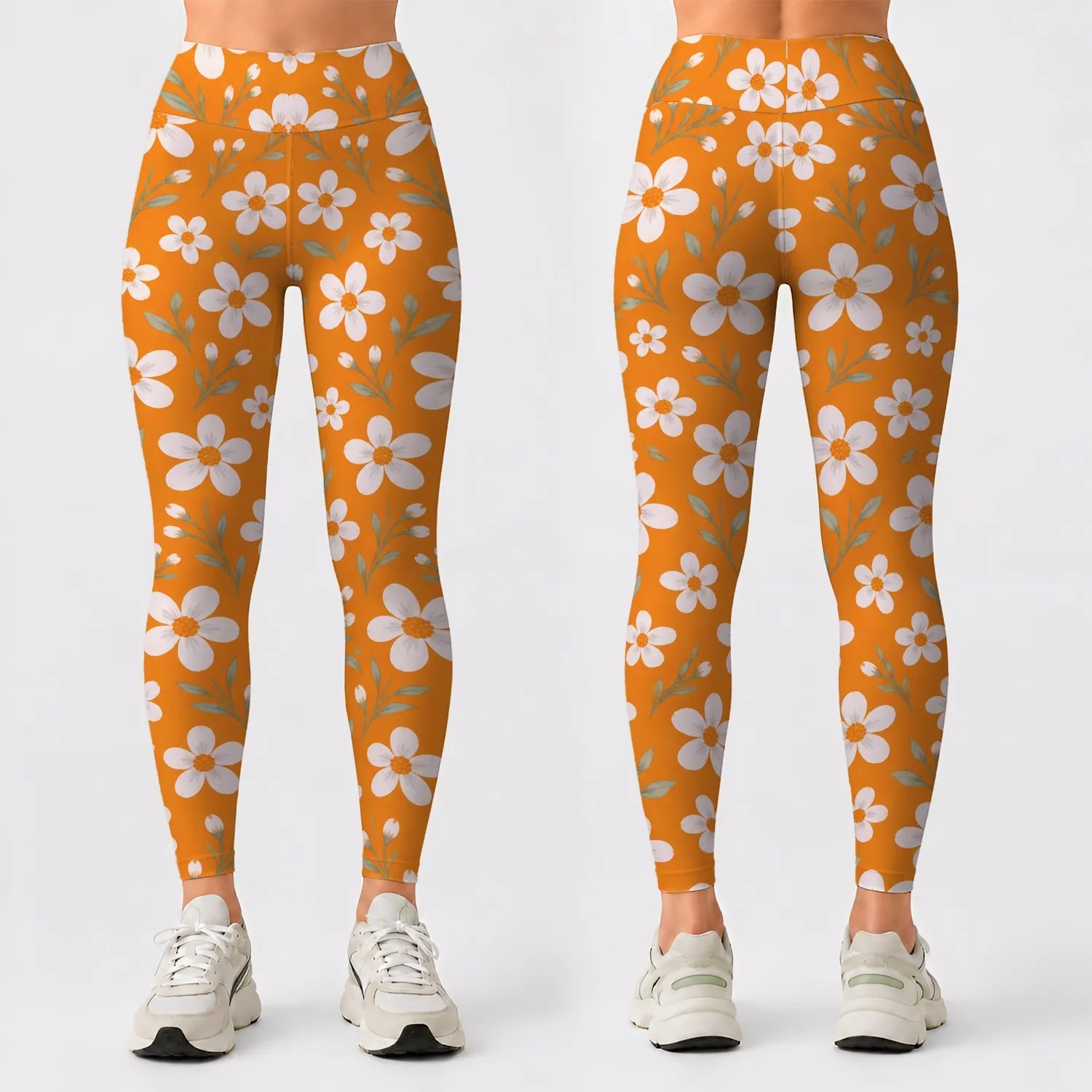 Orange And White Daisy Motifs for Yoga, Pilates, Commuting and Everyday Outings Style Leggings - 1