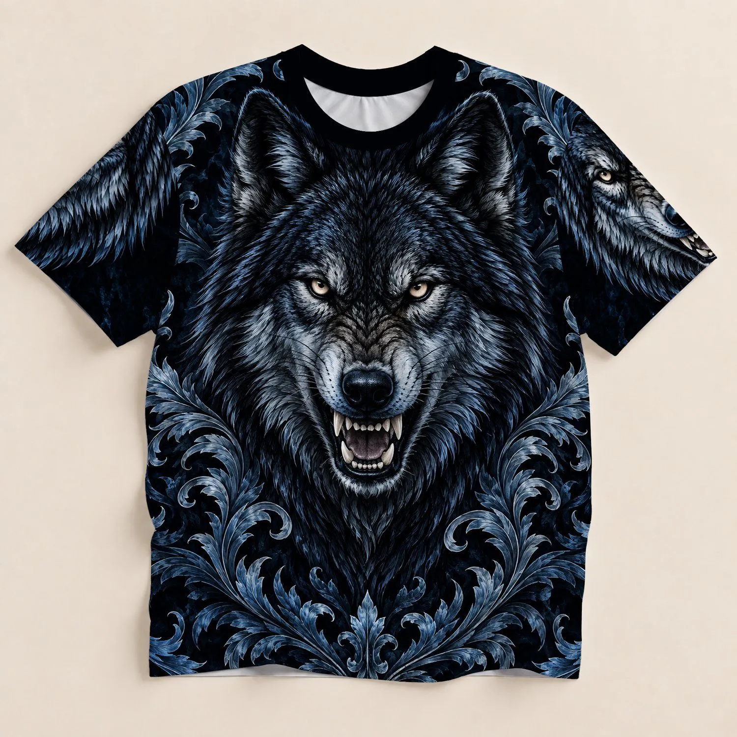 Baroque Wolf and Blue Filigree for Parties, Nightlife, and Everyday Gothic Style All-over Print Unisex T-shirt - 1