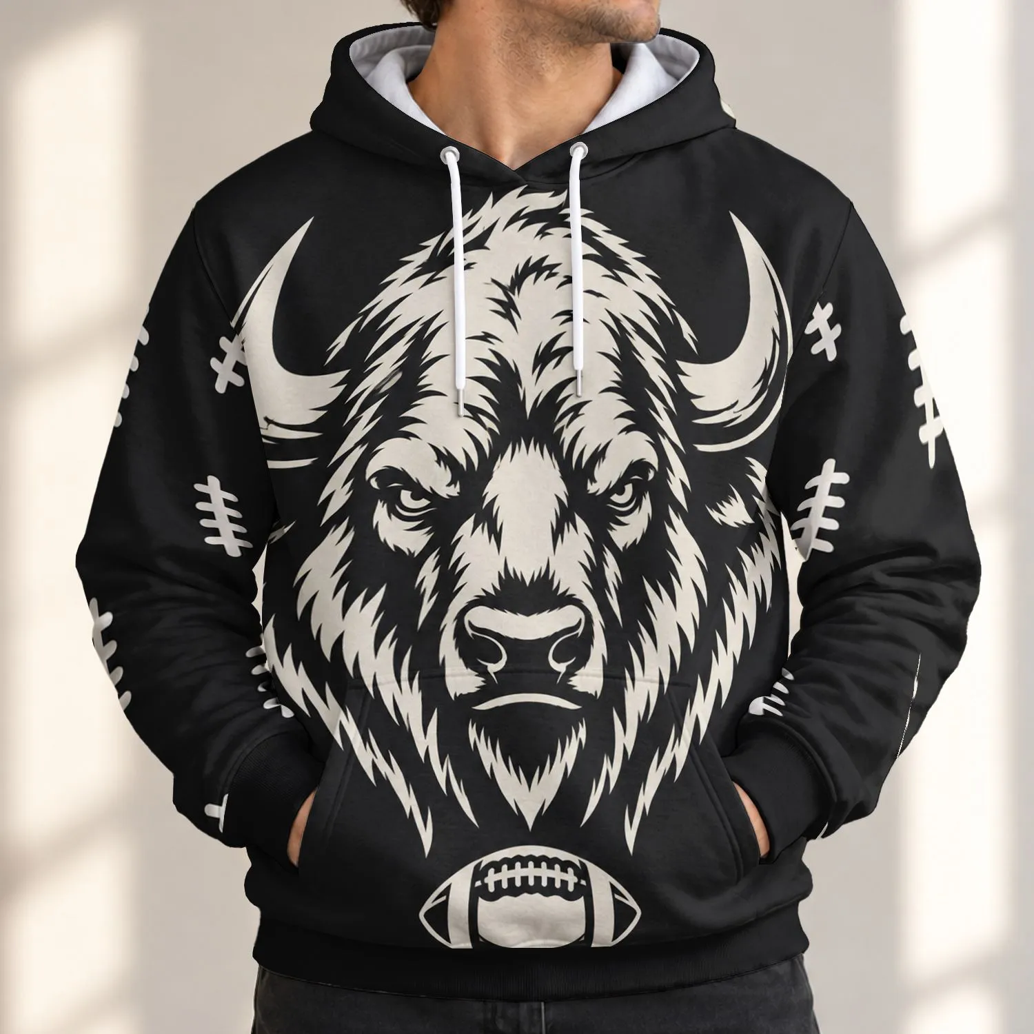 Bold Bison Head and Football for Game Day, Tailgating and Weekend Fan Wear Style All-over Print Hoodie (Lightweight) - 1