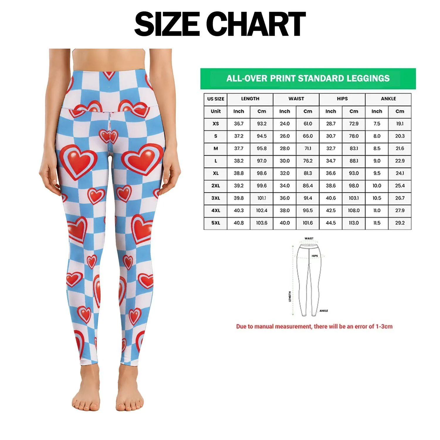 Bright Red Hearts And Sky Blue Checks For Yoga, Pilates And Everyday Active Outings Leggings - 1