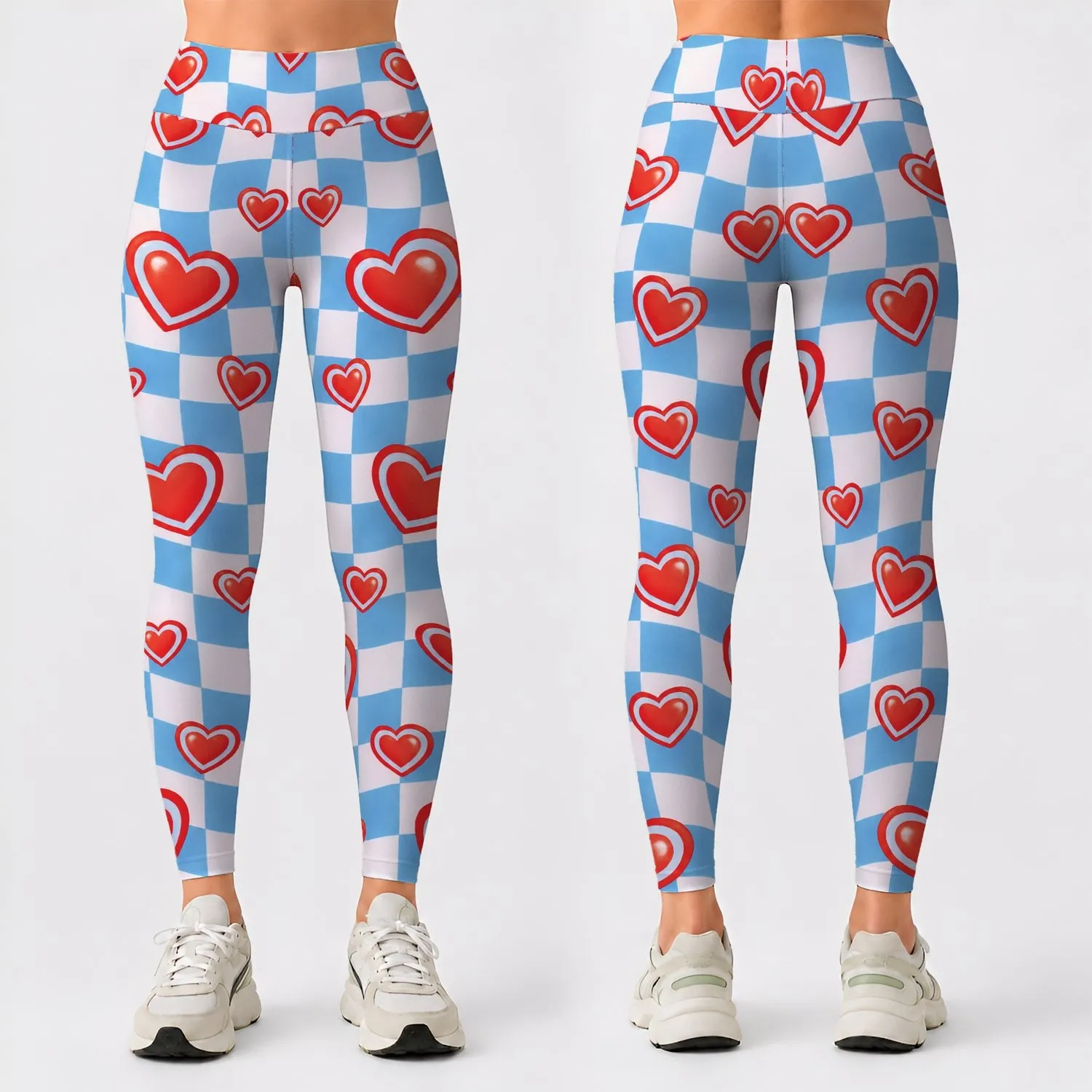 Bright Red Hearts And Sky Blue Checks For Yoga, Pilates And Everyday Active Outings Leggings - 1