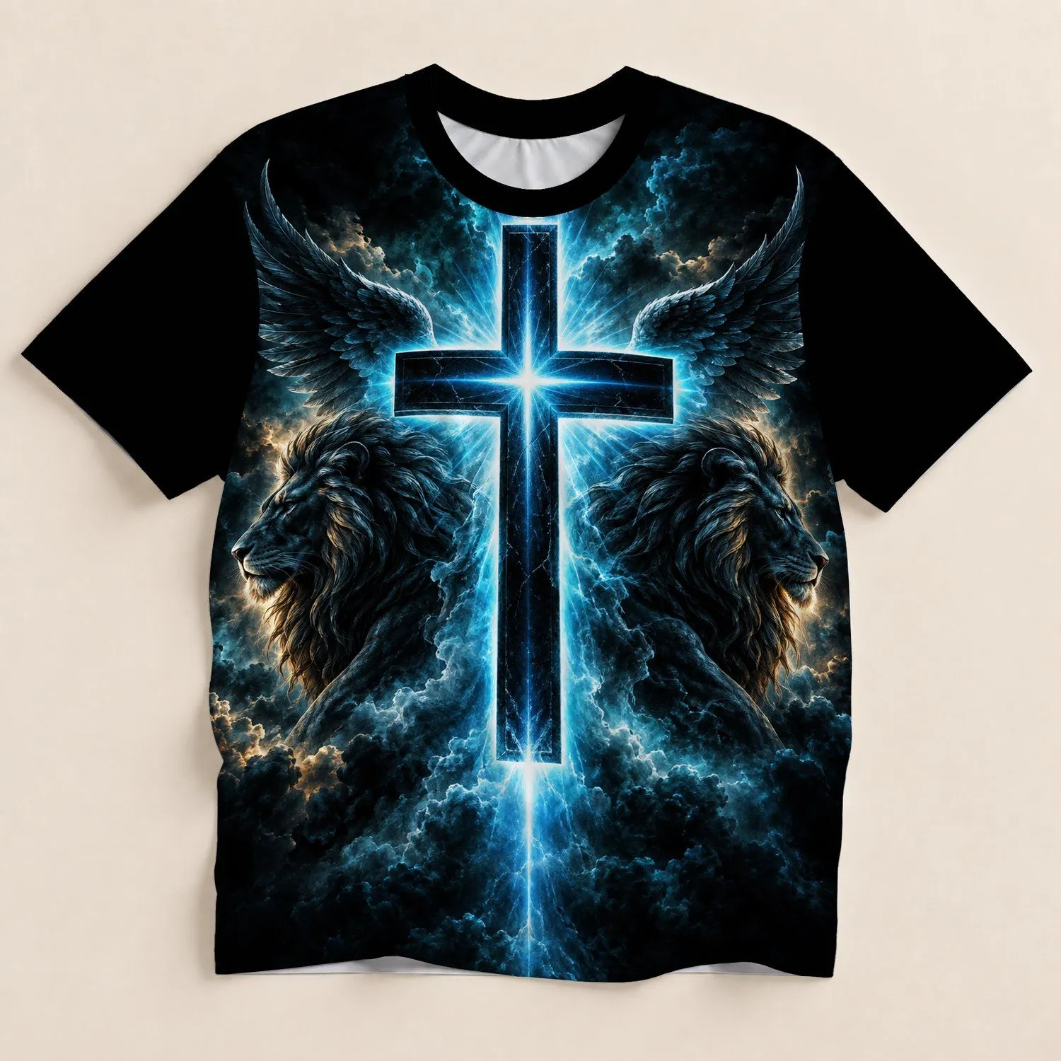 Radiant Cross And Winged Lion Symbol For Devotional Faith And Everyday Wear All-over Print Unisex T-shirt - 1