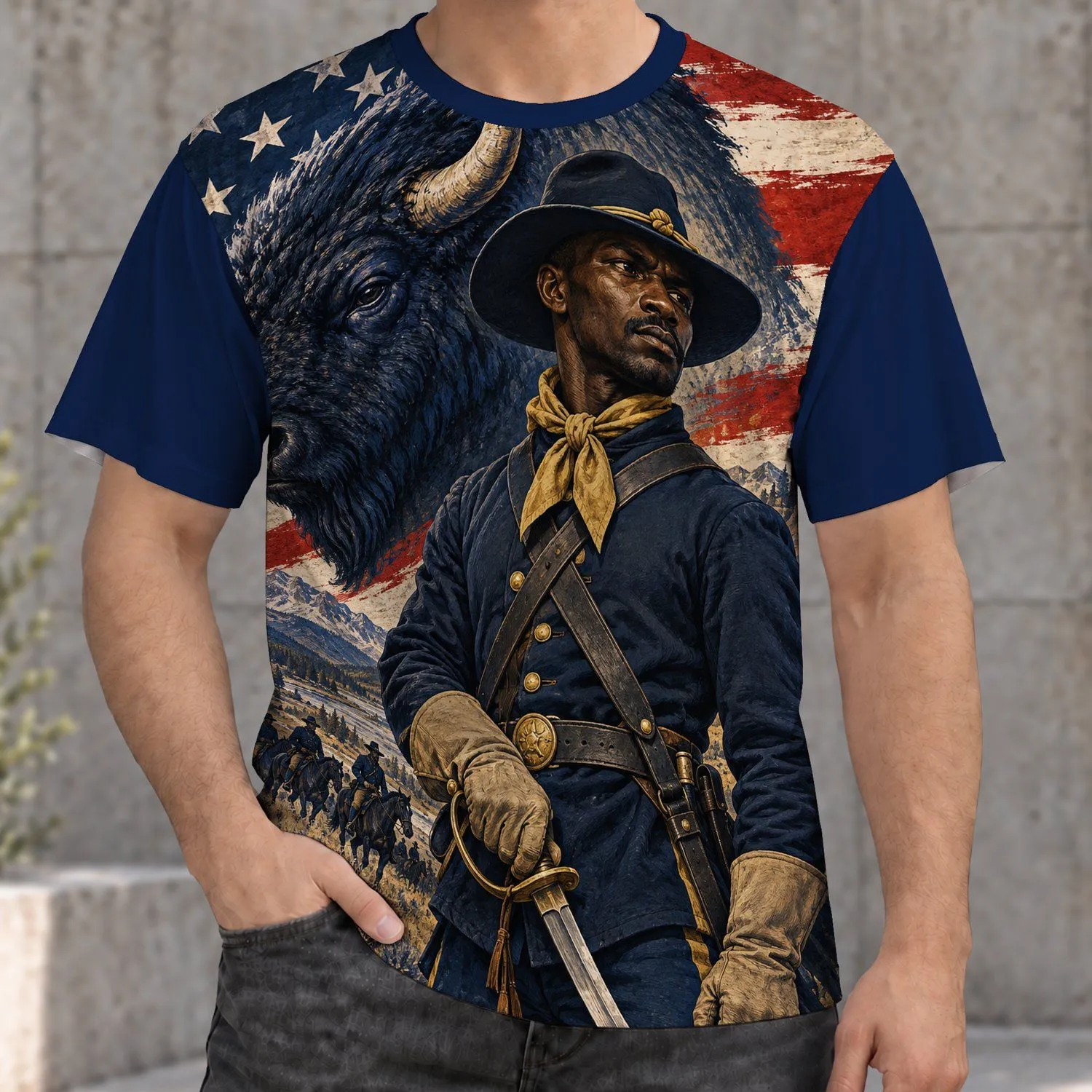 Cavalryman, Bison and Flag Tribute for Outdoor Gatherings and History Enthusiasts All-over Print Unisex T-shirt - 1