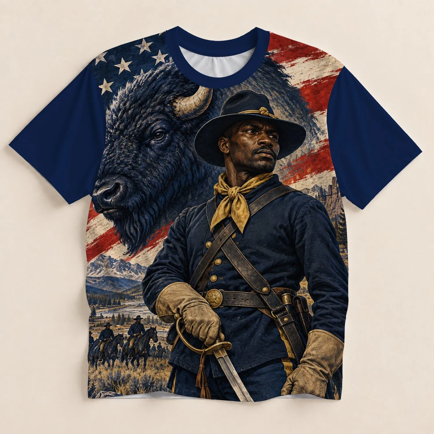 Cavalryman, Bison and Flag Tribute for Outdoor Gatherings and History Enthusiasts All-over Print Unisex T-shirt - 1