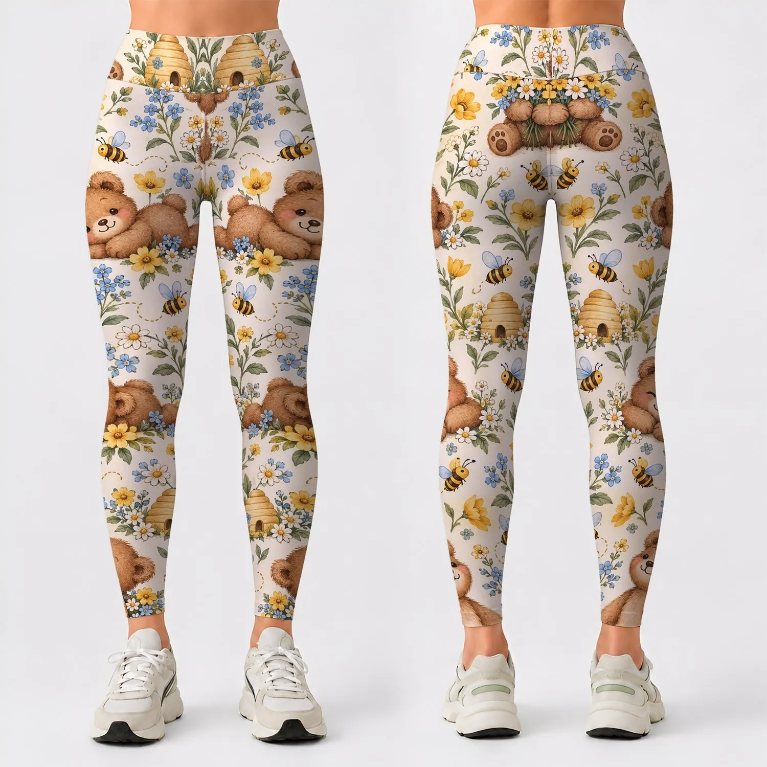 Teddy Bears, Busy Bees And Golden Flowers For Playful Yoga And Everyday Outings Leggings - 1