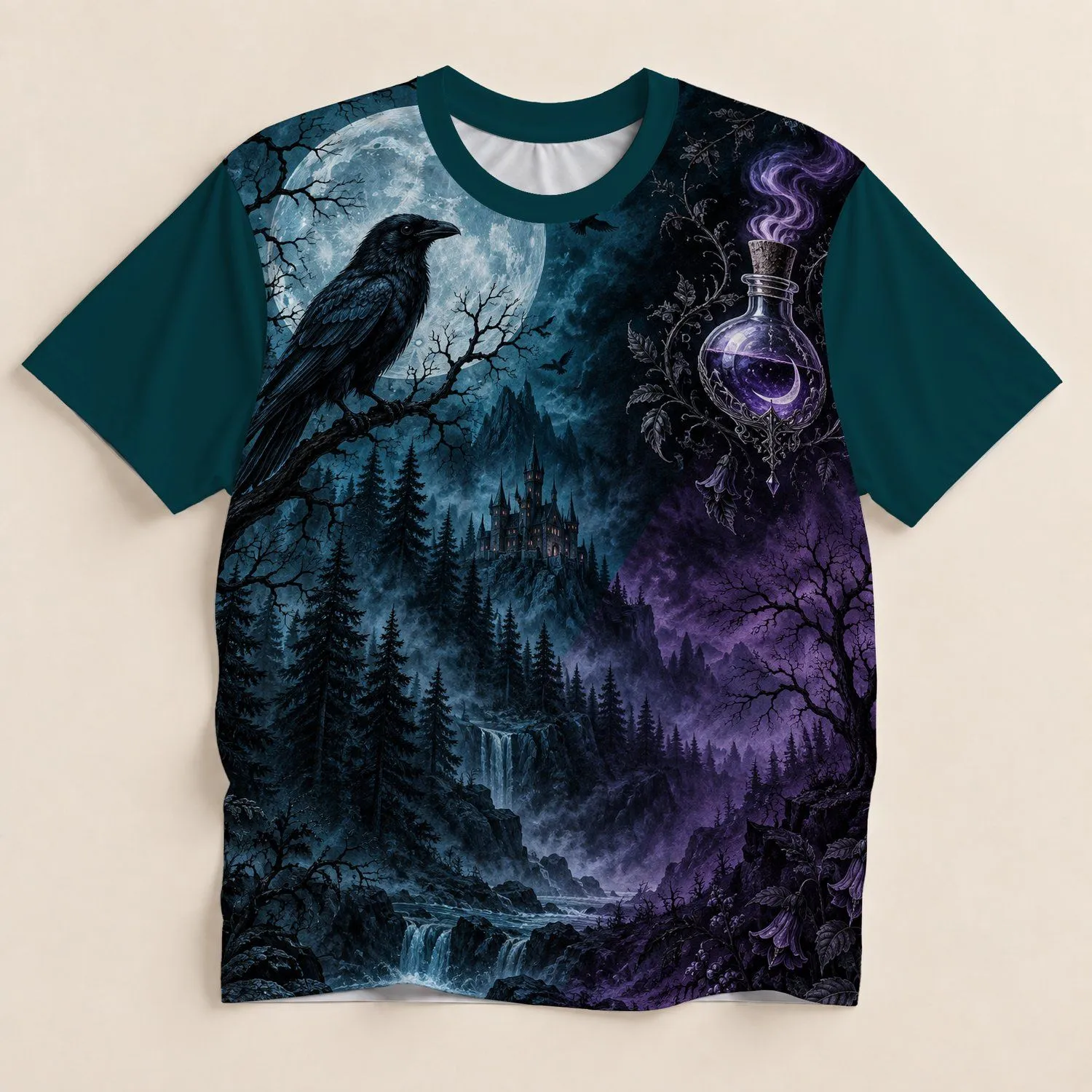 Gothic Raven Moon Castle and Potion Scene for Halloween Dark Fantasy Nights All-over Print Unisex T-shirt - 1