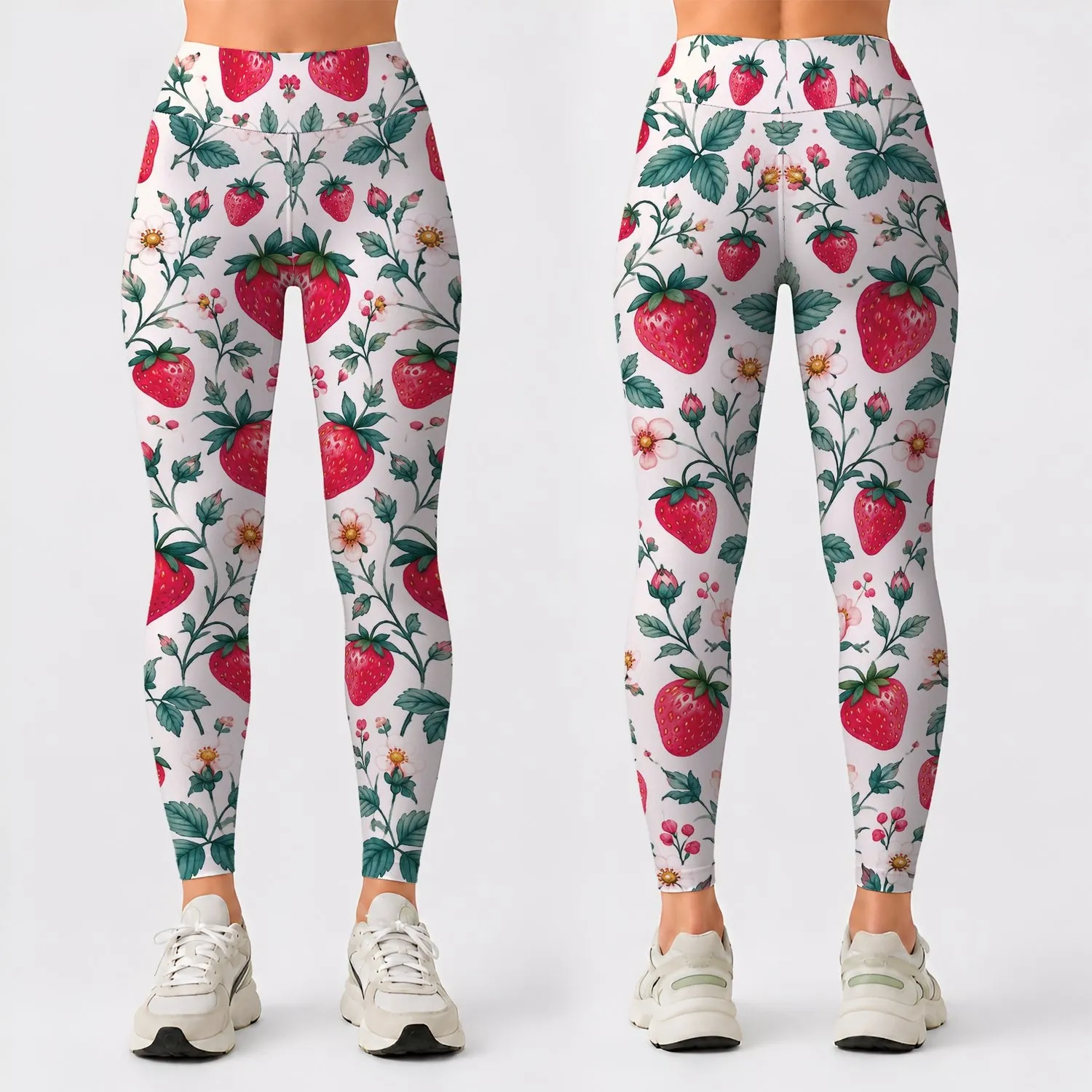 Strawberry and Teal Botanical Motifs for Yoga, Pilates and Everyday Wear Leggings - 1