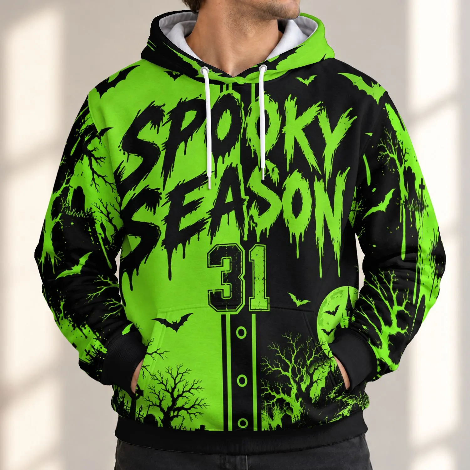 Neon Green Spooky Season 31 Baseball Style for Halloween Parties and Autumn Events All-over Print Hoodie (Lightweight) - 1