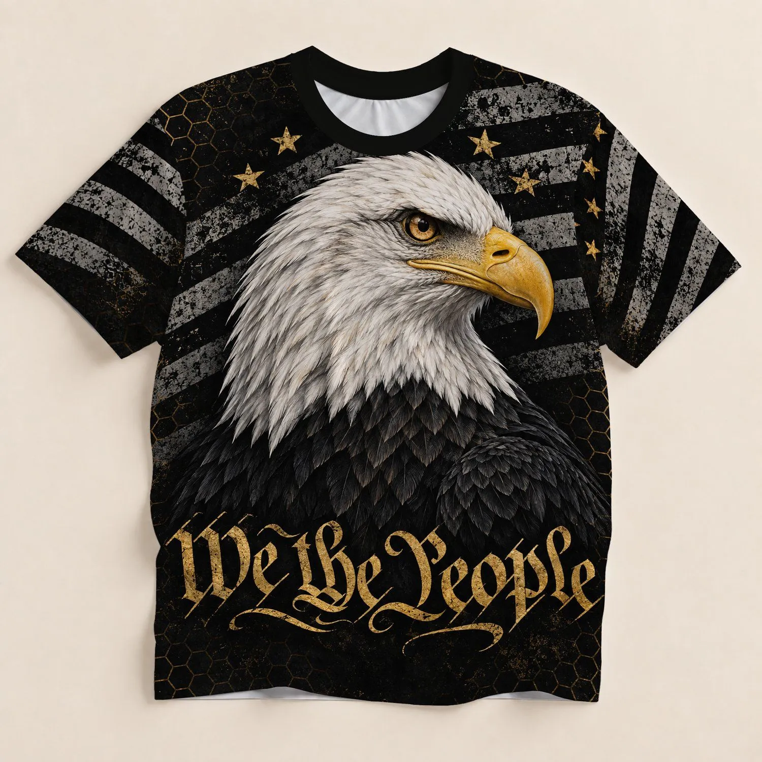 Bald Eagle And Honeycomb Flag Motif For Motorcycle Rides And Outdoor Camping All-over Print Unisex T-shirt - 1