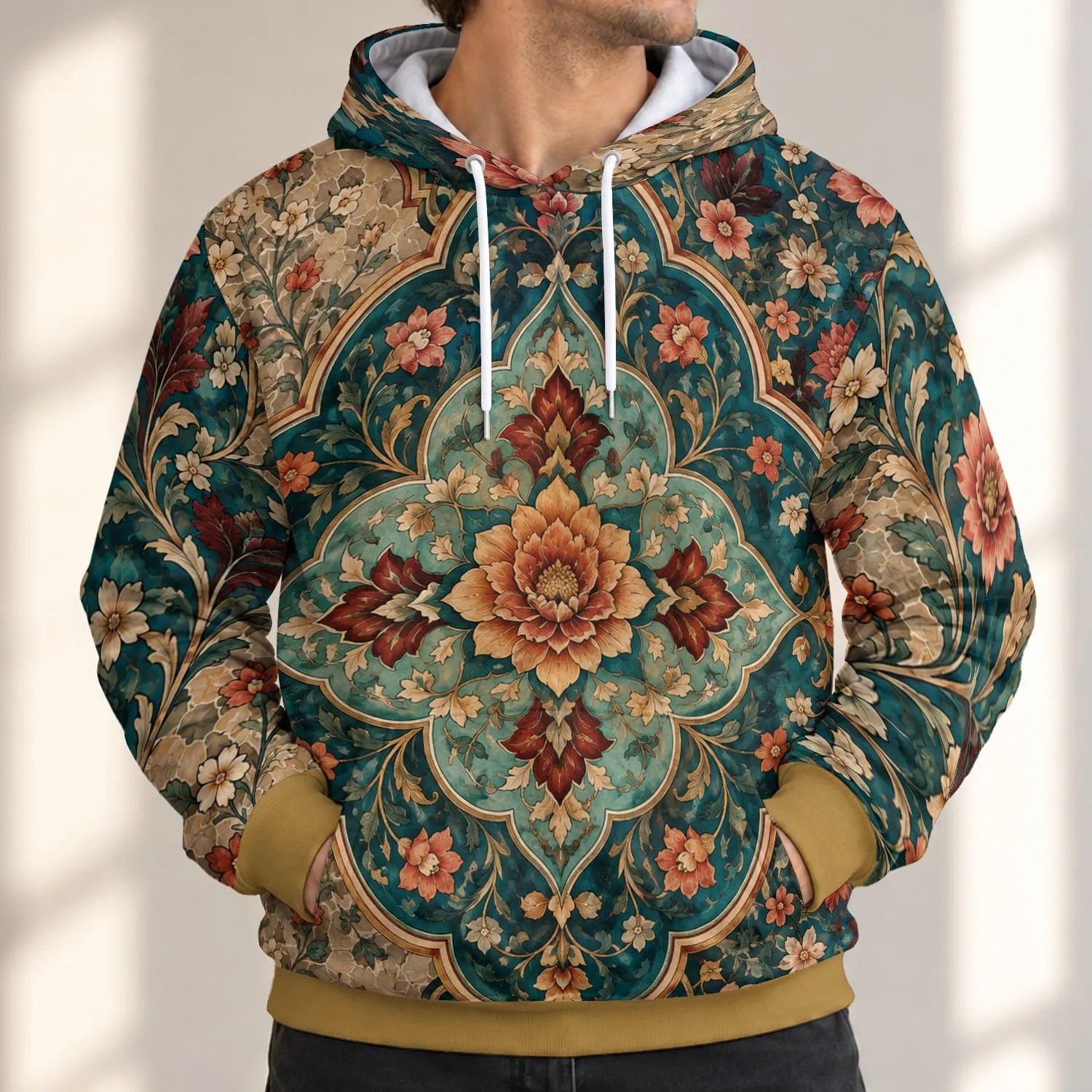 Teal Gold Floral Medallion for Cultural Celebrations and Elegant Everyday Wear All-over Print Hoodie (Lightweight) - 1