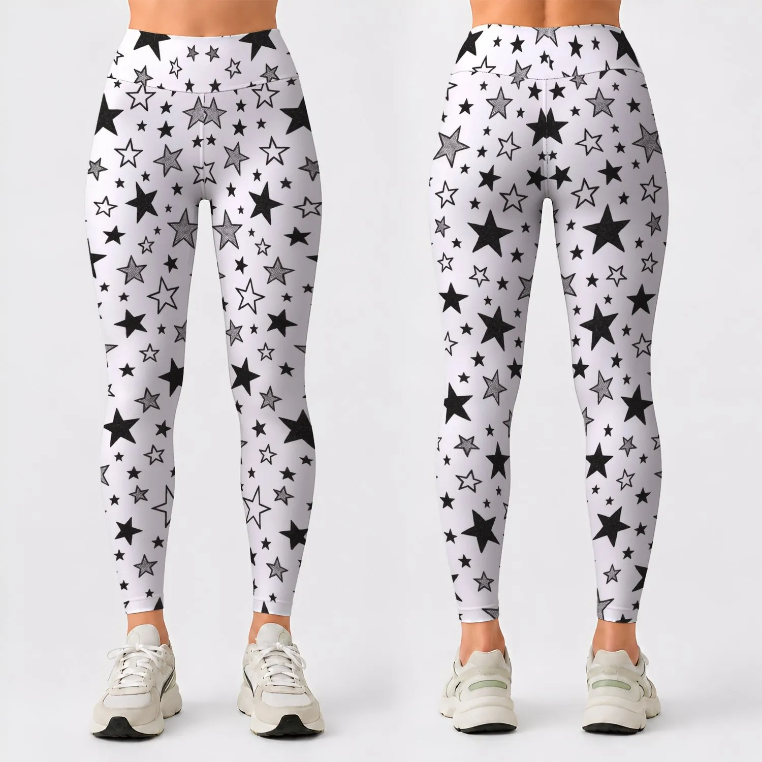 Monochrome Celestial Stars for Yoga, Pilates, Studio Sessions, and Everyday City Style Leggings - 1
