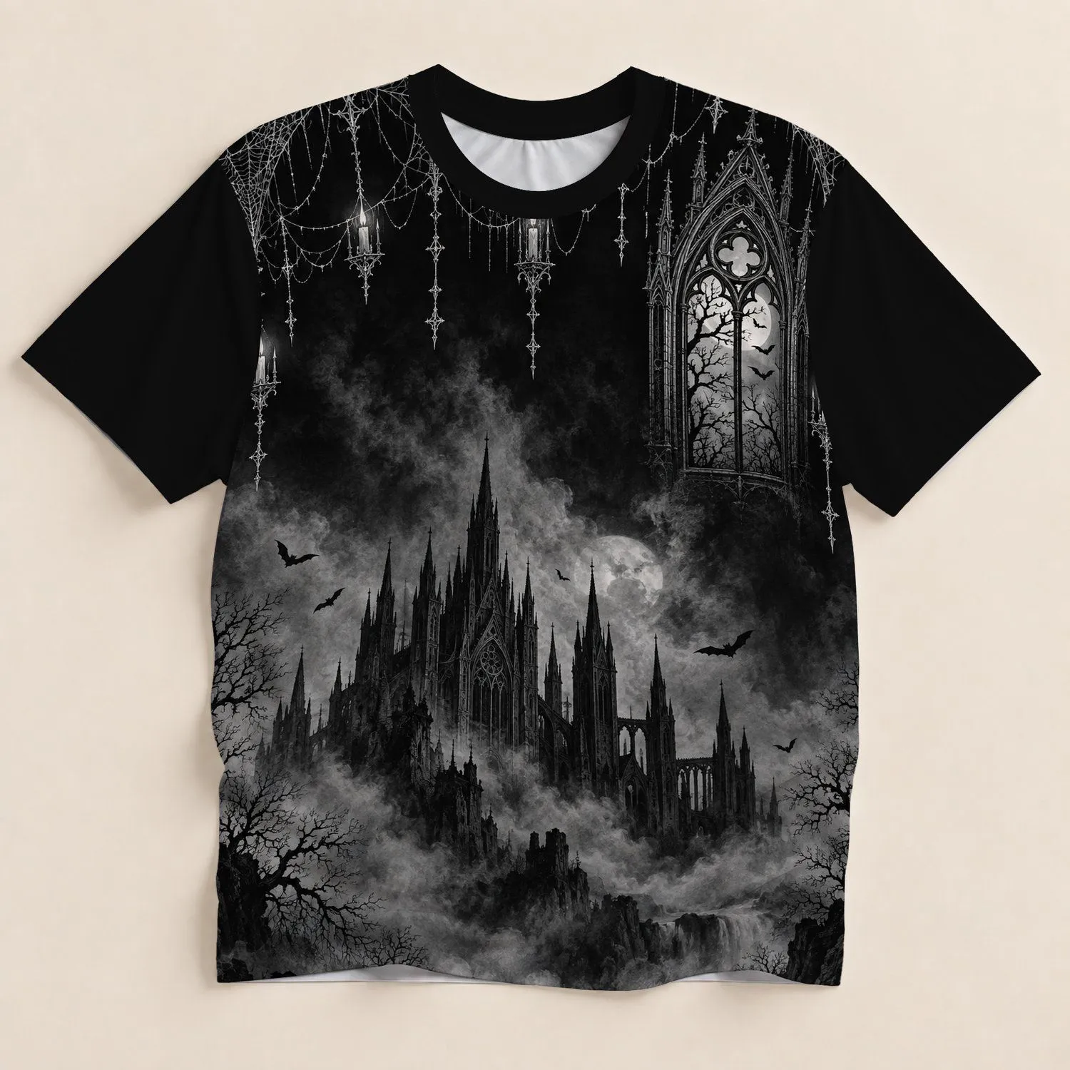 Gothic Cathedral Window and Bats for Haunted Halloween Nights and Fall Gatherings All-over Print Unisex T-shirt - 1