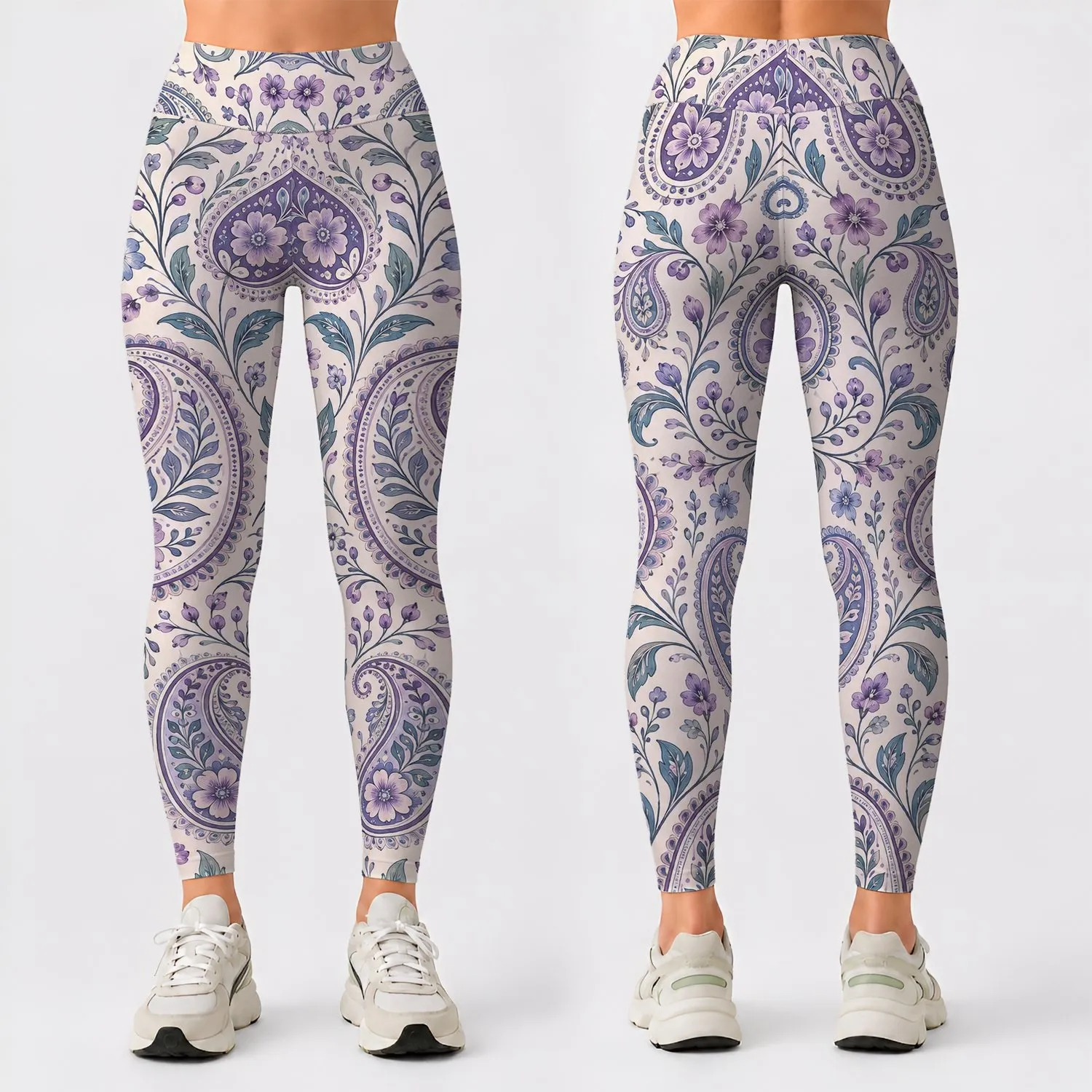 Lavender Paisley and Floral Motifs for Yoga, Pilates, and Everyday Wear Leggings - 1