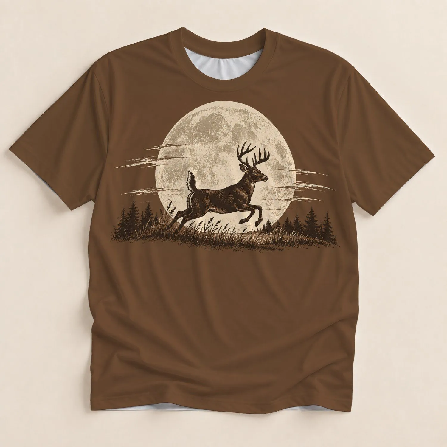 White-Tailed Buck Beneath Full Moon for Hunting Camp and Outdoor Adventure All-over Print Unisex T-shirt - 1