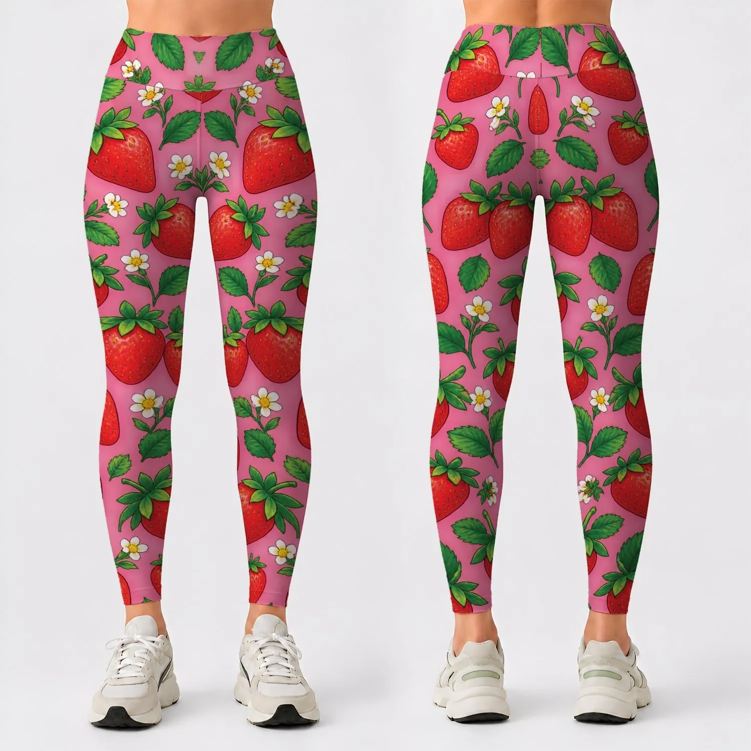 Pink Strawberry Scatter for Yoga, Pilates, and Everyday Summer Style Leggings - 1