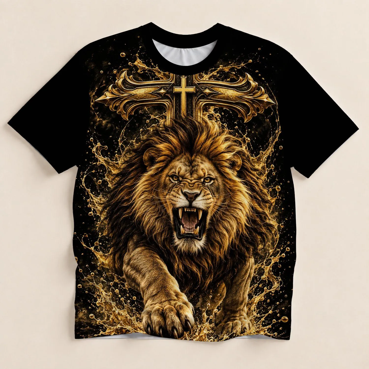 Golden Roaring Lion and Cross for Faith, Worship, and Everyday Christian Style All-over Print Unisex T-shirt - 1