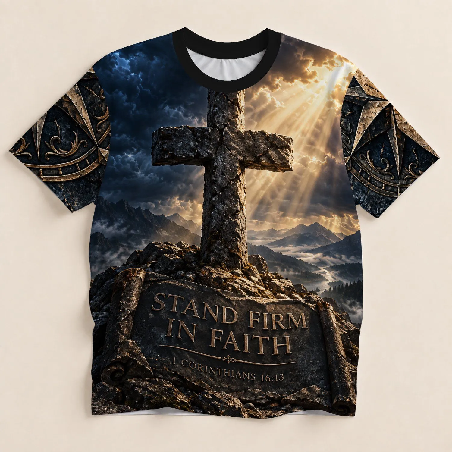 Weathered Stone Cross and Scripture for Everyday Faith, Worship and Fellowship for Men All-over Print Unisex T-shirt - 1