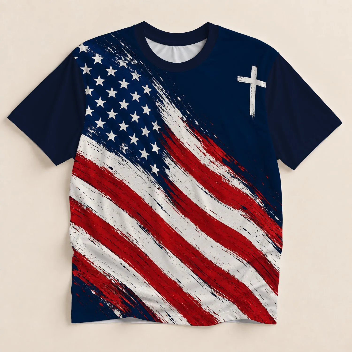 Distressed American Flag And Cross For Patriotic Faith And Independence Day All-over Print Unisex T-shirt - 1