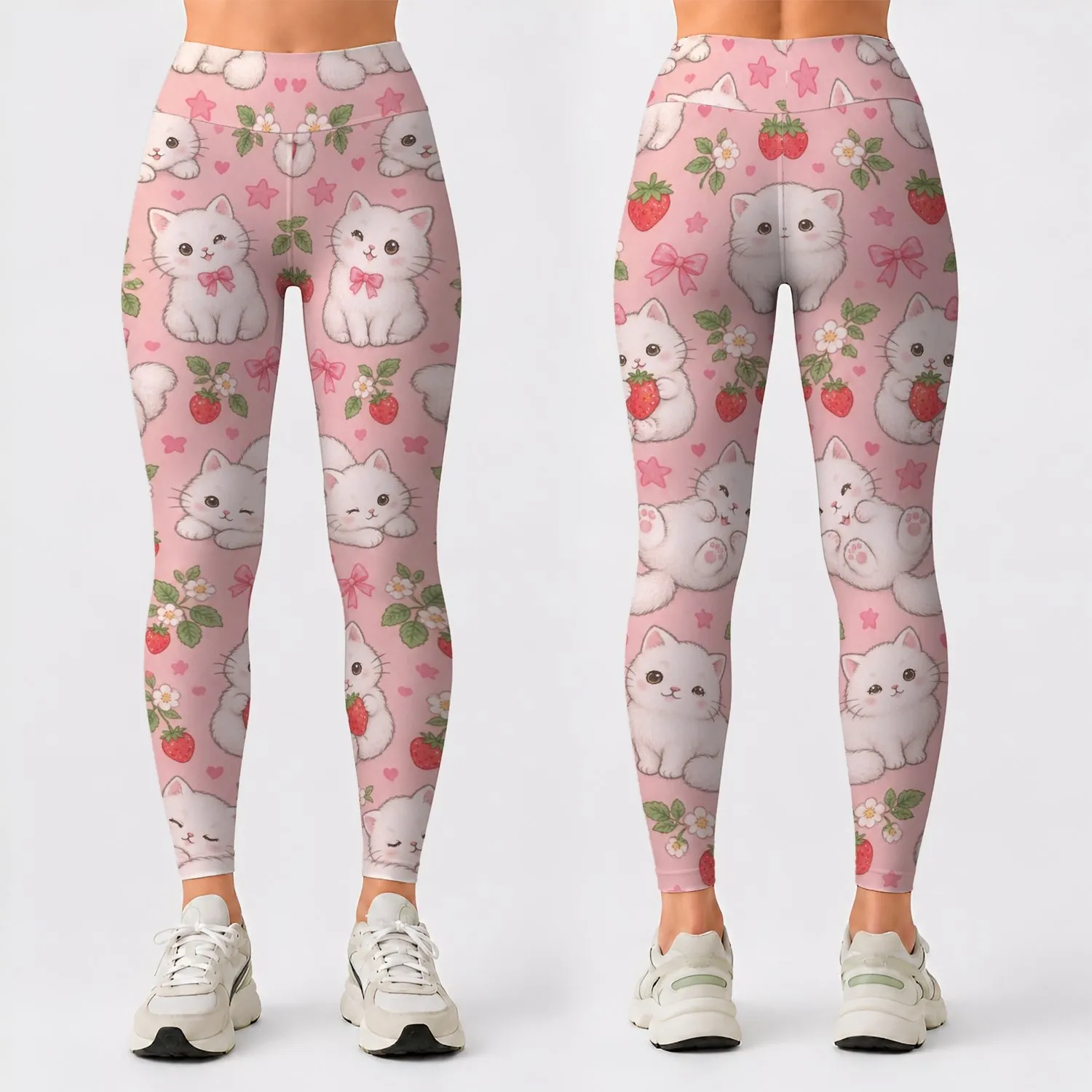 Cute White Cat and Strawberry Motifs for Yoga, Pilates, and Everyday Casual Wear Leggings - 1