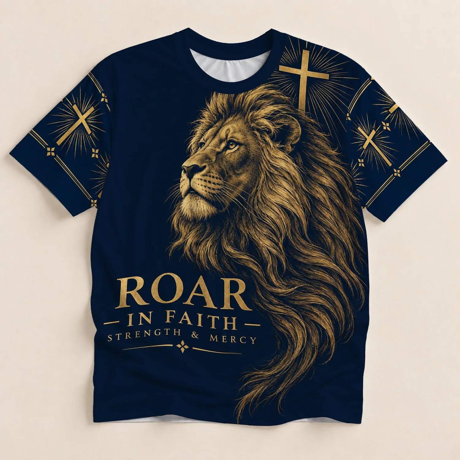 Golden Lion And Cross Faithful Courage For Daily Wear And Weekend Reflection All-over Print Unisex T-shirt - 1