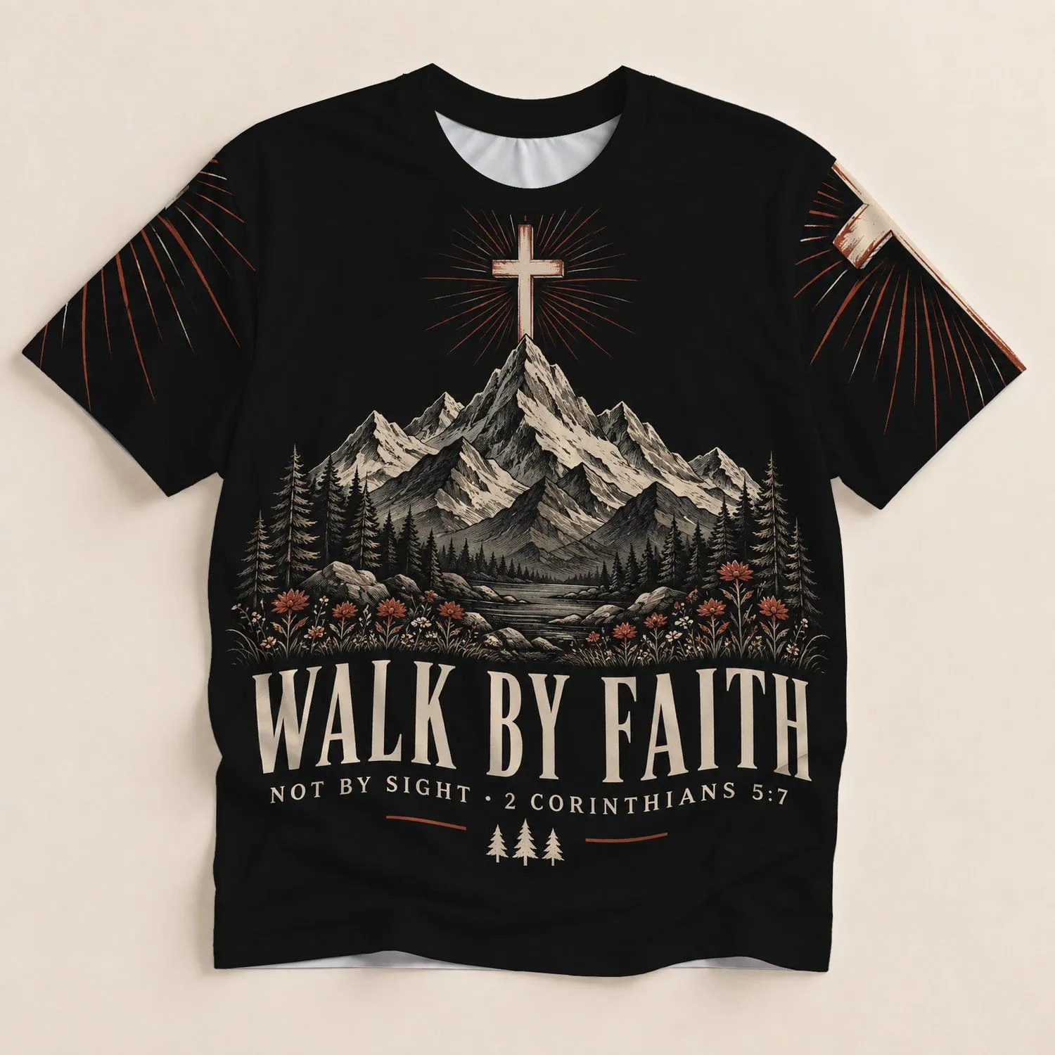 Mountain Faith Cross and Forest Scene for Outdoor Devotion and Everyday Casual Wear All-over Print Unisex T-shirt - 1