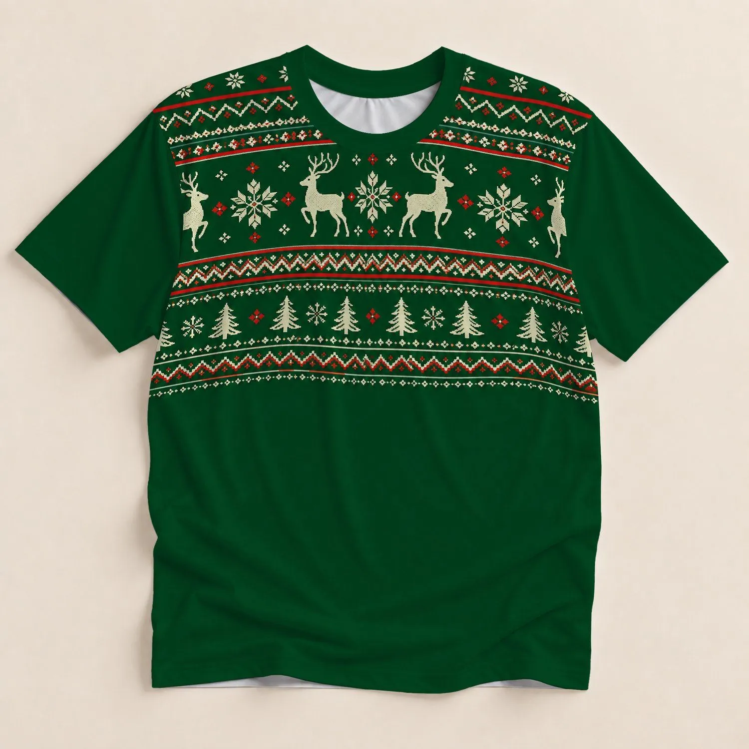 Nordic Reindeer Snowflakes and Evergreen Trees for Festive Christmas Celebrations All-over Print Unisex T-shirt - 1