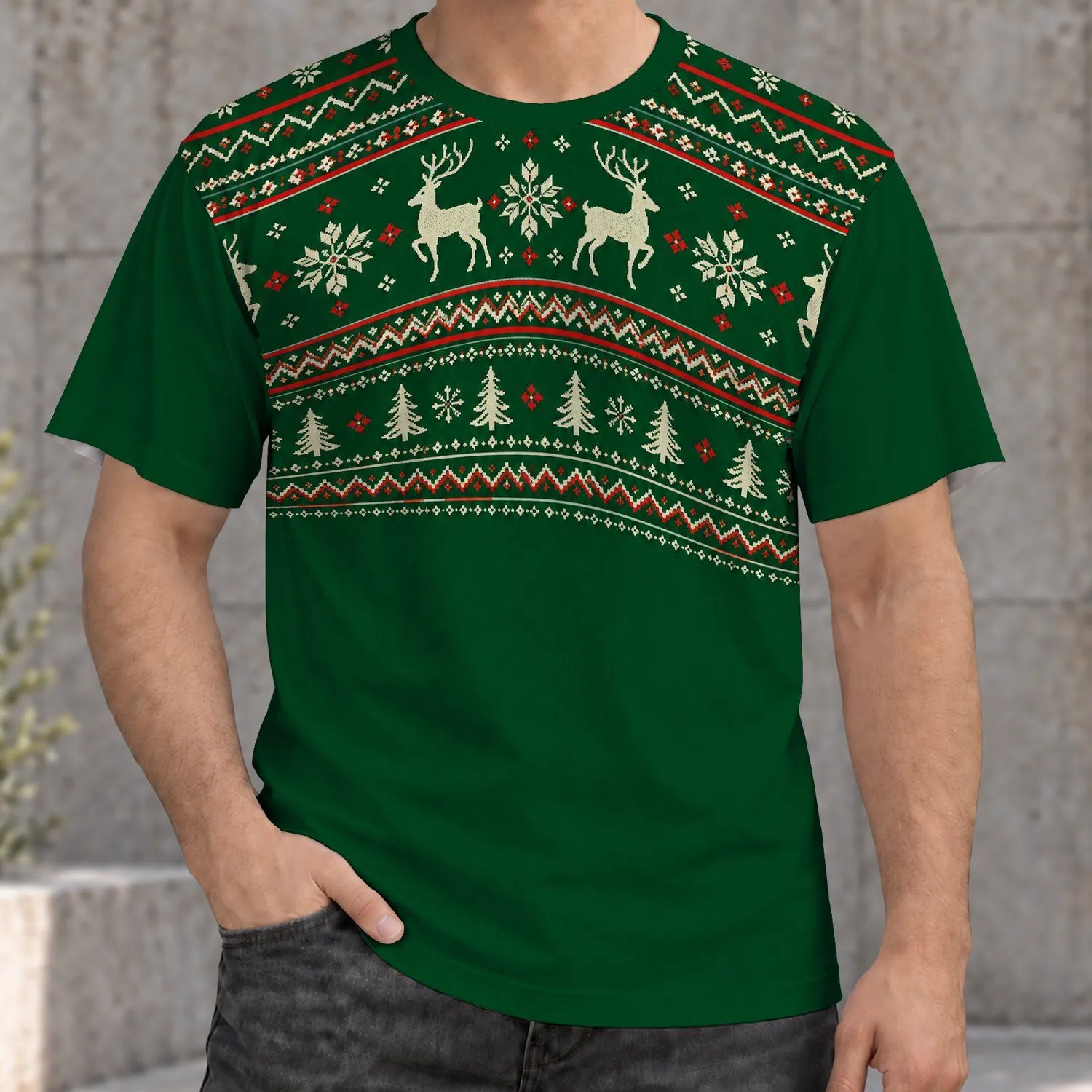 Nordic Reindeer Snowflakes and Evergreen Trees for Festive Christmas Celebrations All-over Print Unisex T-shirt - 1