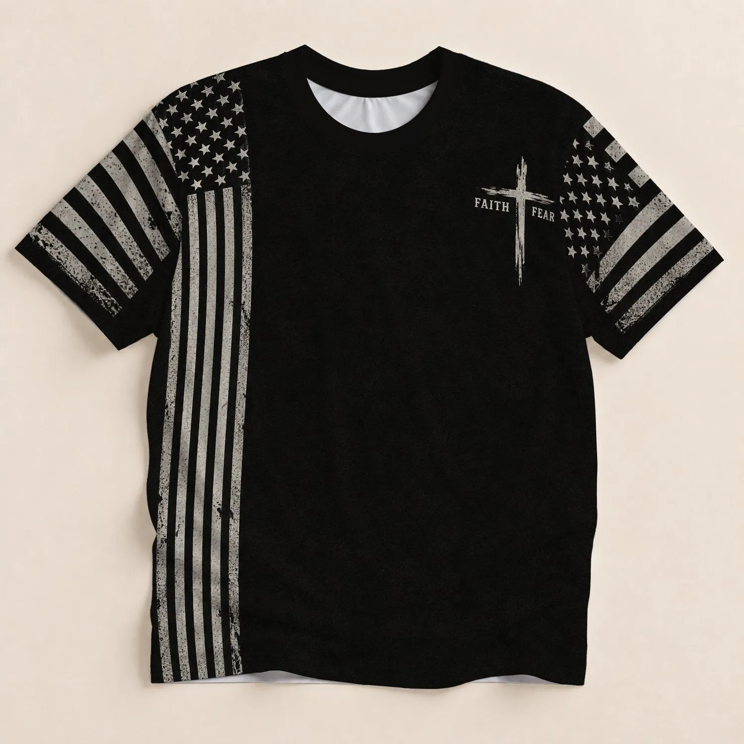Faith Cross and Monochrome Flag for Outdoor Walks and Everyday Casual Wear All-over Print Unisex T-shirt - 1