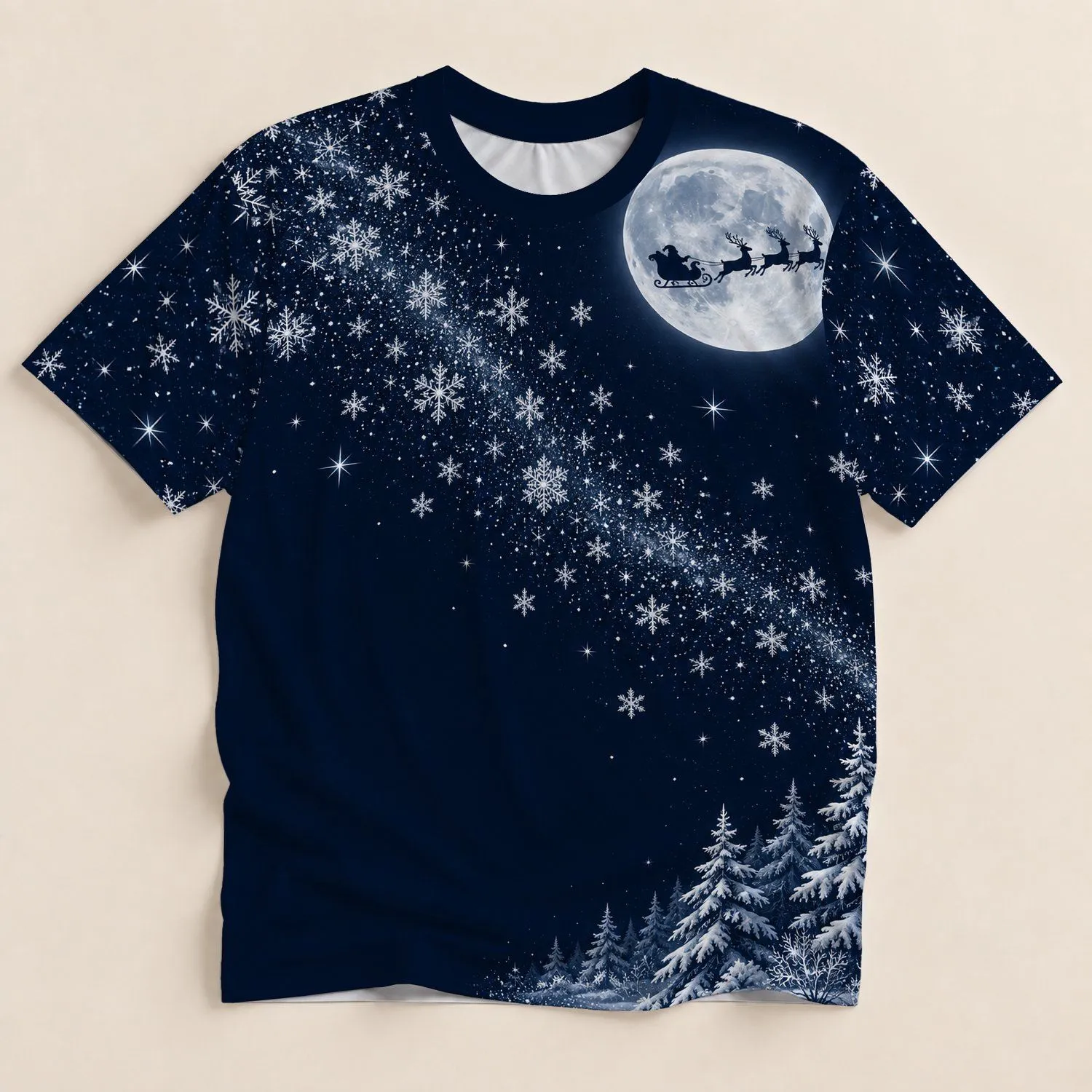 Moonlit Sleigh and Snowflake Forest for Christmas Holiday Celebrations All-over Print Unisex T-shirt - 1