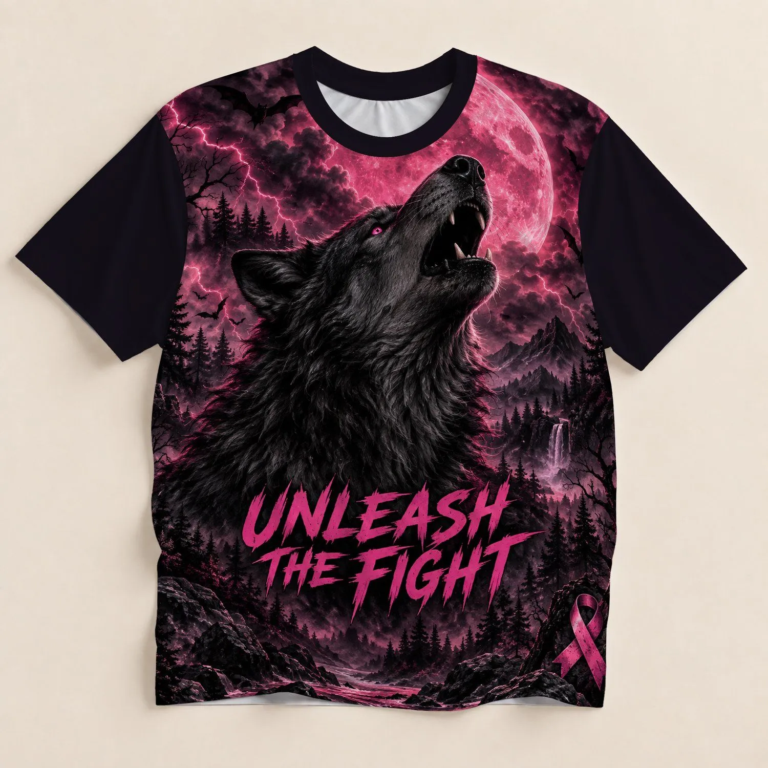 Howling Wolf Beneath Pink Moon for Bold Nighttime Casual Style and Outdoor Adventures All-over Print Unisex T-shirt - 1