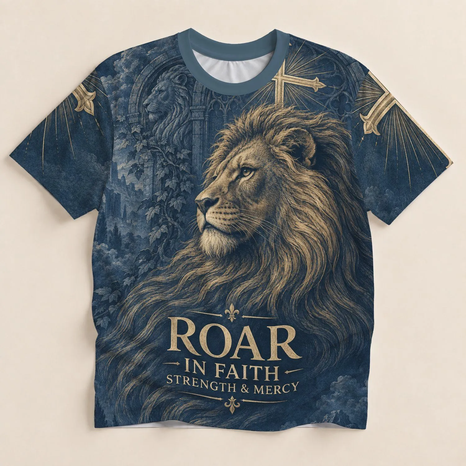 Lion and Cross Faith Expression for Daily Golf and Casual Wear, Men’s Spiritual Style All-over Print Unisex T-shirt - 1