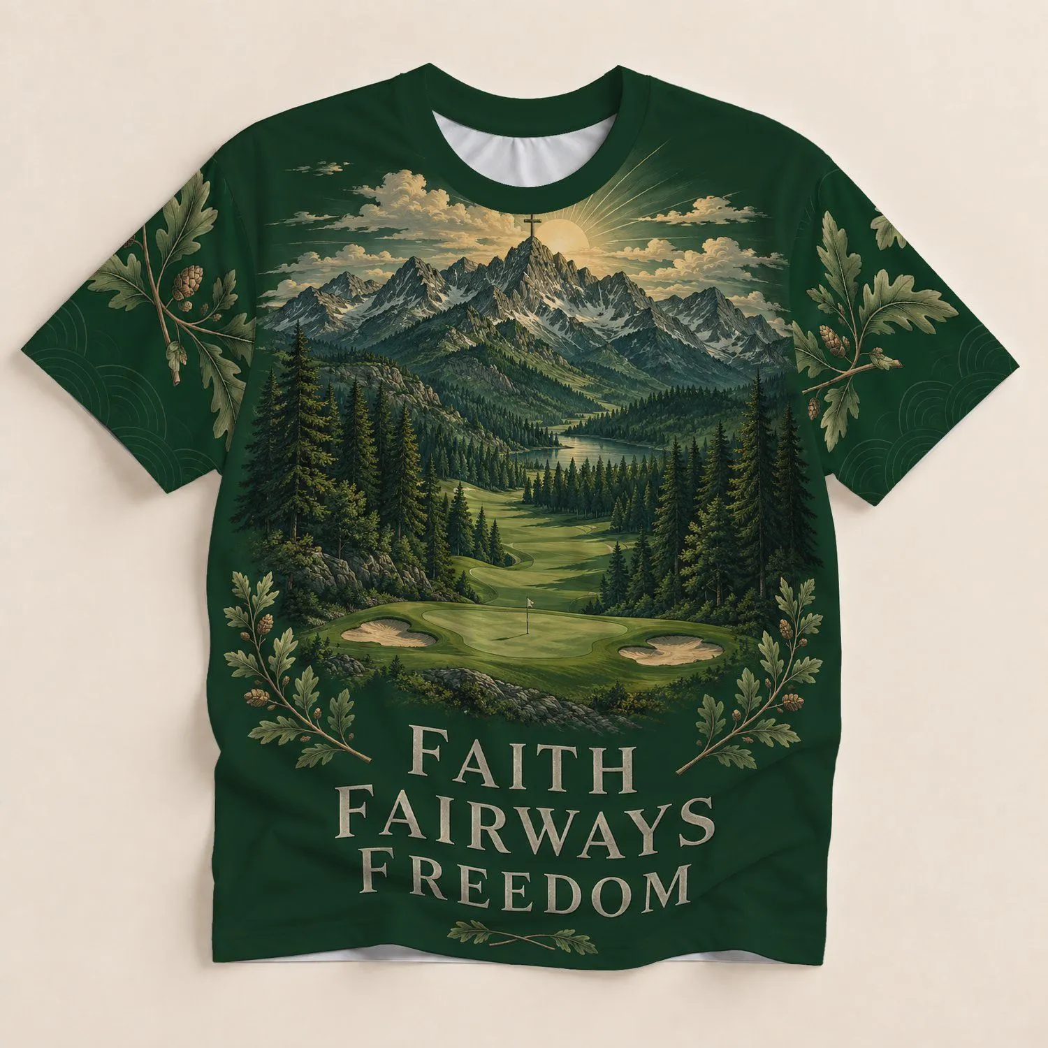 Mountain Golf Course Cross at Sunrise for Faith-Focused Fairway Days on the Green All-over Print Unisex T-shirt - 1