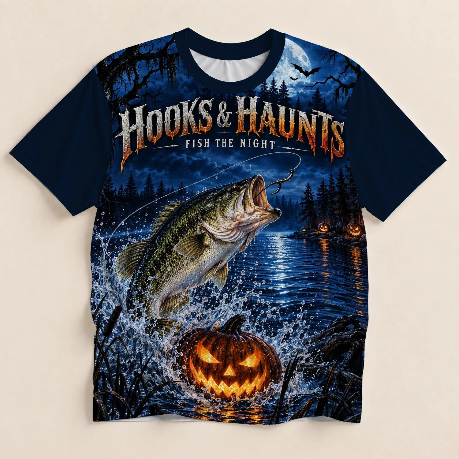 Halloween Fishing Night Lake Scene for Autumn Anglers All-over Print Unisex T-shirt - 1