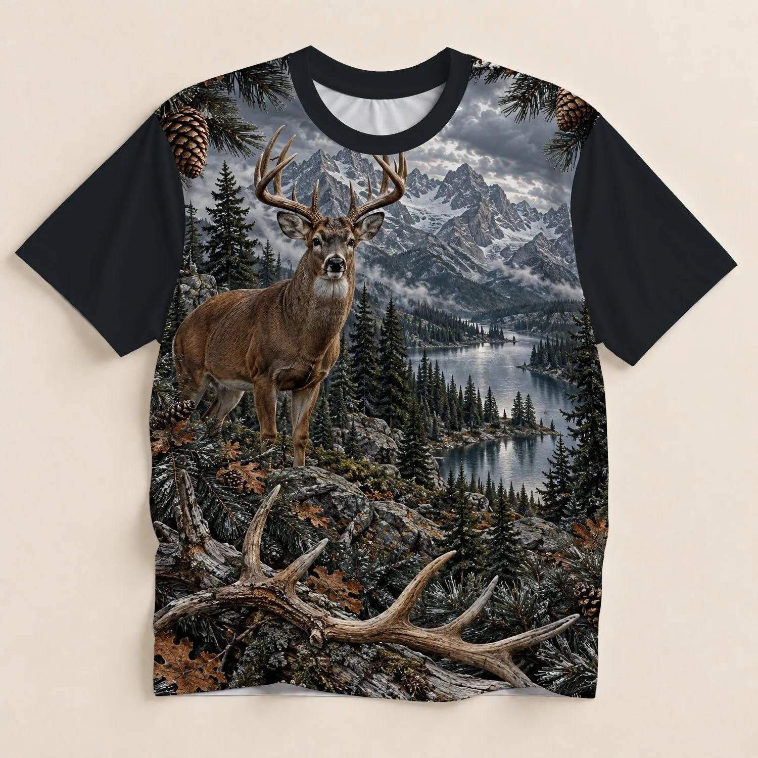 Majestic Antlered Buck in Pine Forest for Cozy Cabin Evenings and Woodland Getaways All-over Print Unisex T-shirt - 1