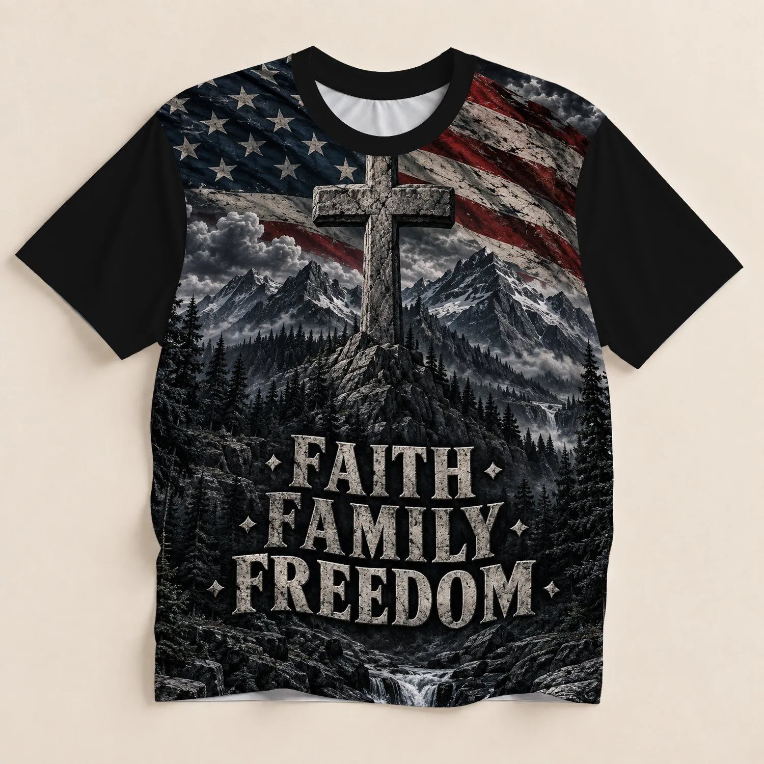 Faith Cross and American Flag Mountain Scene for Patriotic Everyday Wear All-over Print Unisex T-shirt - 1