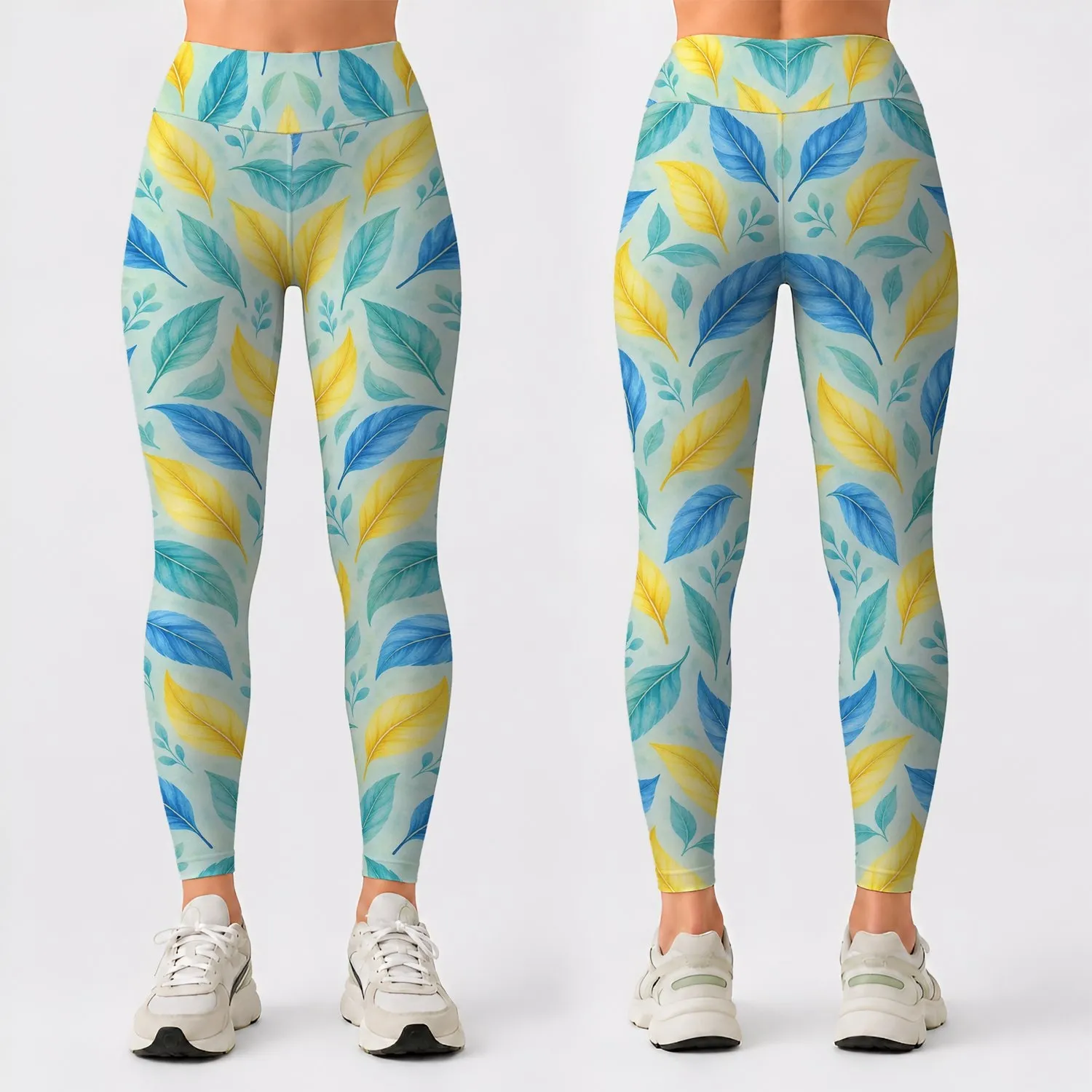 Mint Green Yellow and Blue Leaf Motifs for Yoga Pilates and Everyday Casual Wear Leggings - 1