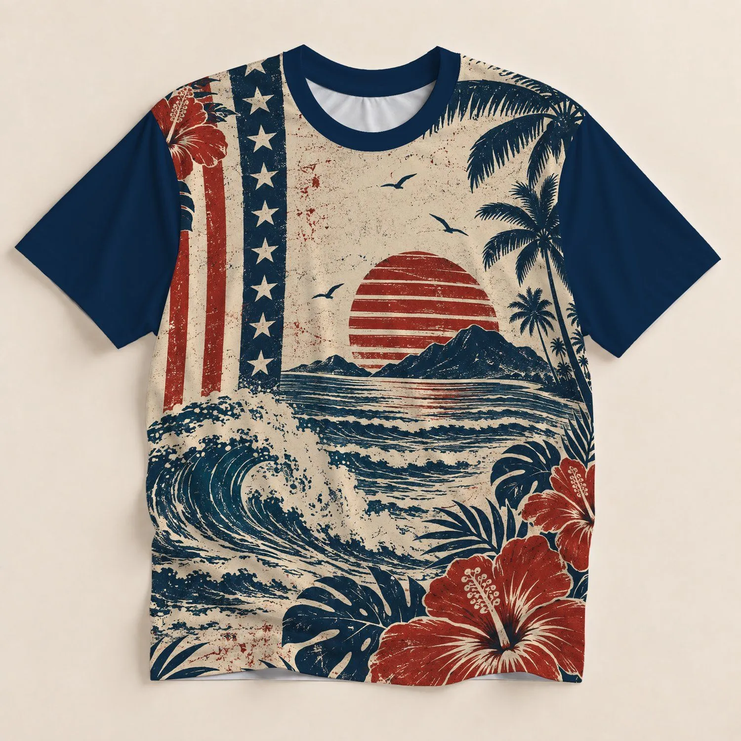 Ocean Waves Hibiscus Flowers Tropical Sunset Waves And Palm Trees For Relaxed Coastal Summer All-over Print Unisex T-shirt - 1