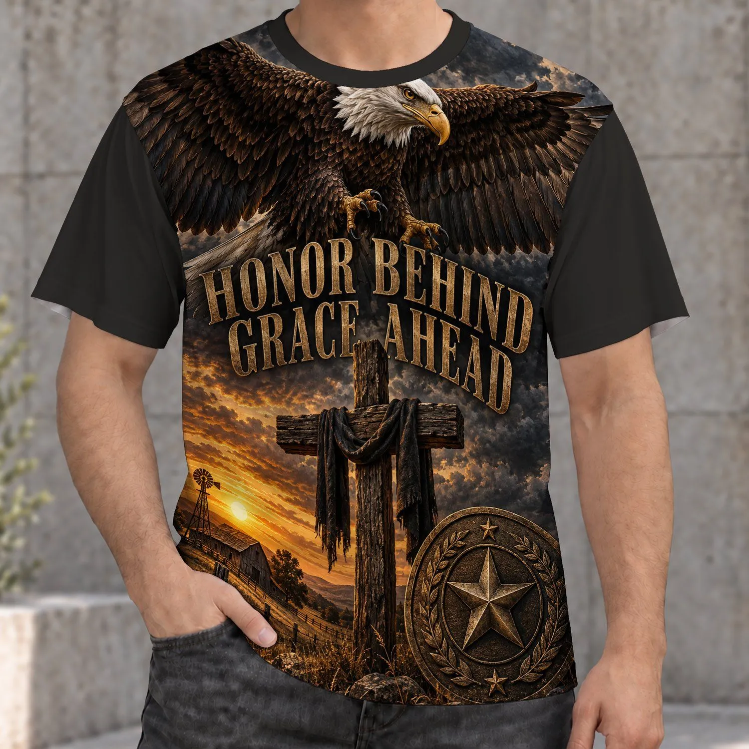 Bald Eagle Cross and Sunset Homestead Tribute for Veterans and Retired Service Members All-over Print Unisex T-shirt - 1