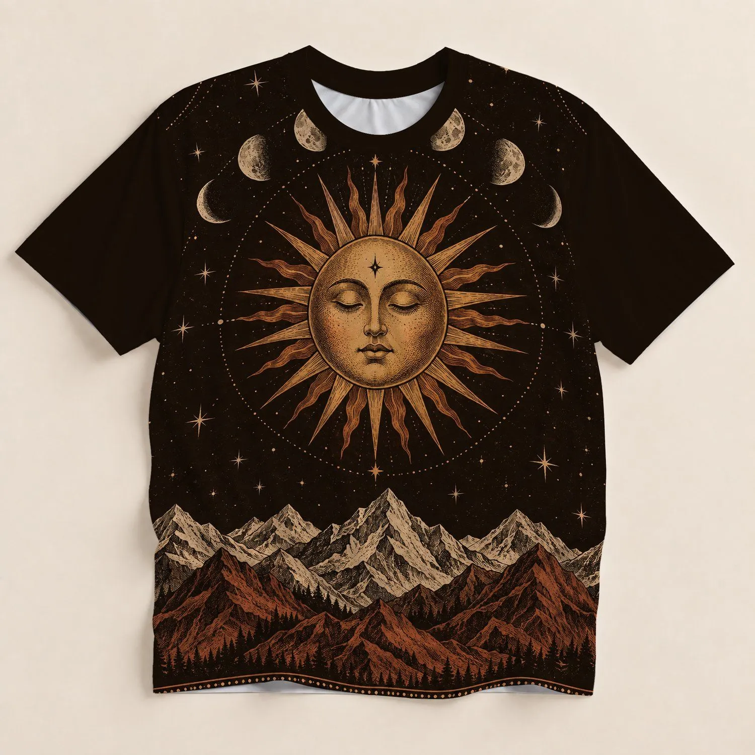 Celestial Sun Moon and Mountain Range for Relaxed Stargazing Evenings and Nature Lovers All-over Print Unisex T-shirt - 1