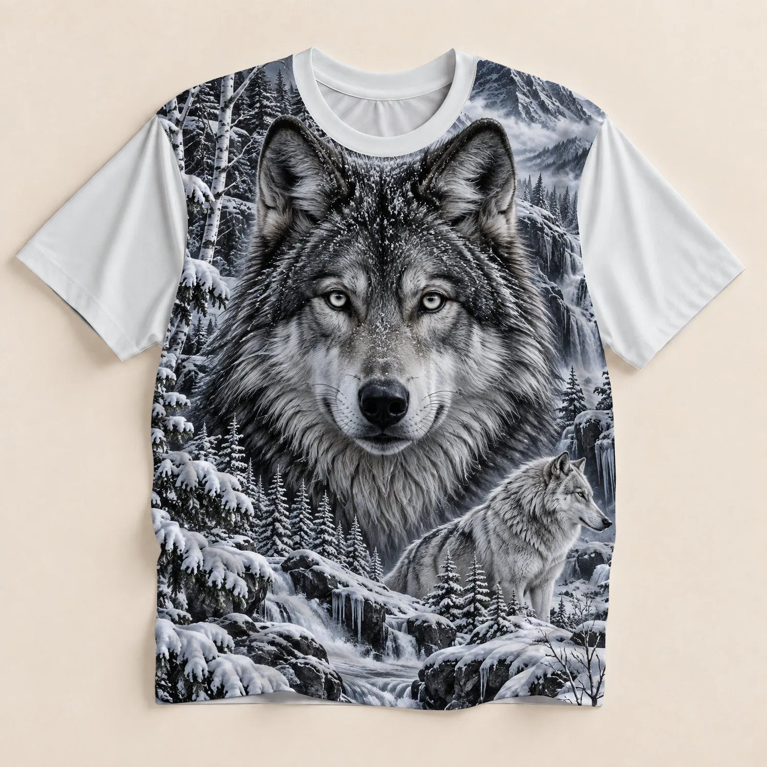 Realistic Wolf And Snowy Forest Wilderness Scene For Outdoor Adventure Enthusiasts All-over Print Unisex T-shirt - 1