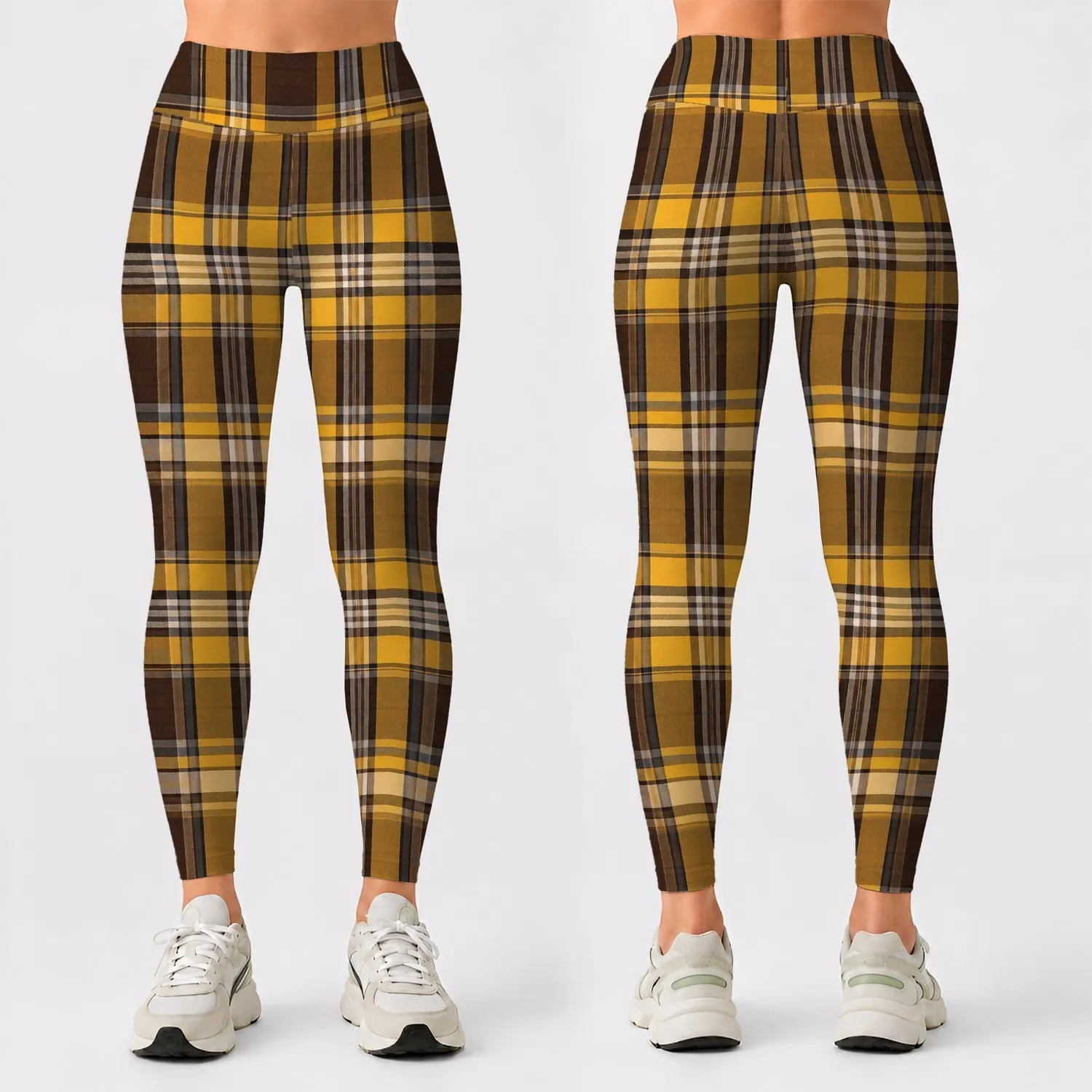Brown Yellow Tartan Plaid for Yoga, Pilates and Casual Everyday Style Leggings - 1