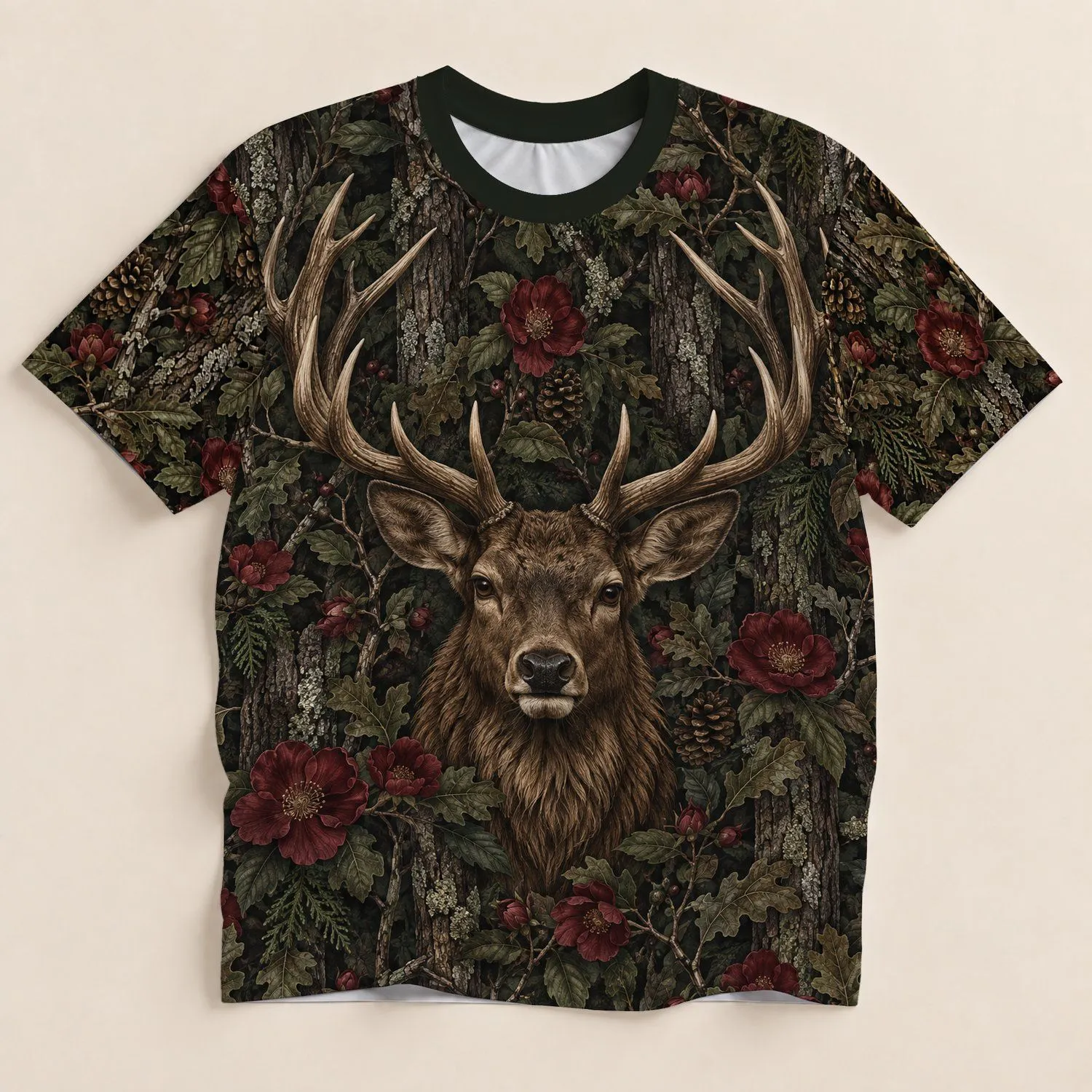 Vintage Deer Antlers and Burgundy Florals for Rustic Outdoor Living and Nature Lovers All-over Print Unisex T-shirt - 1