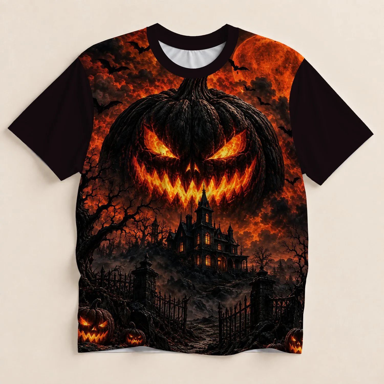Fiery Jack-O'-Lantern Haunted Manor Halloween Night Scene for Spooky October Celebrations All-over Print Unisex T-shirt - 1