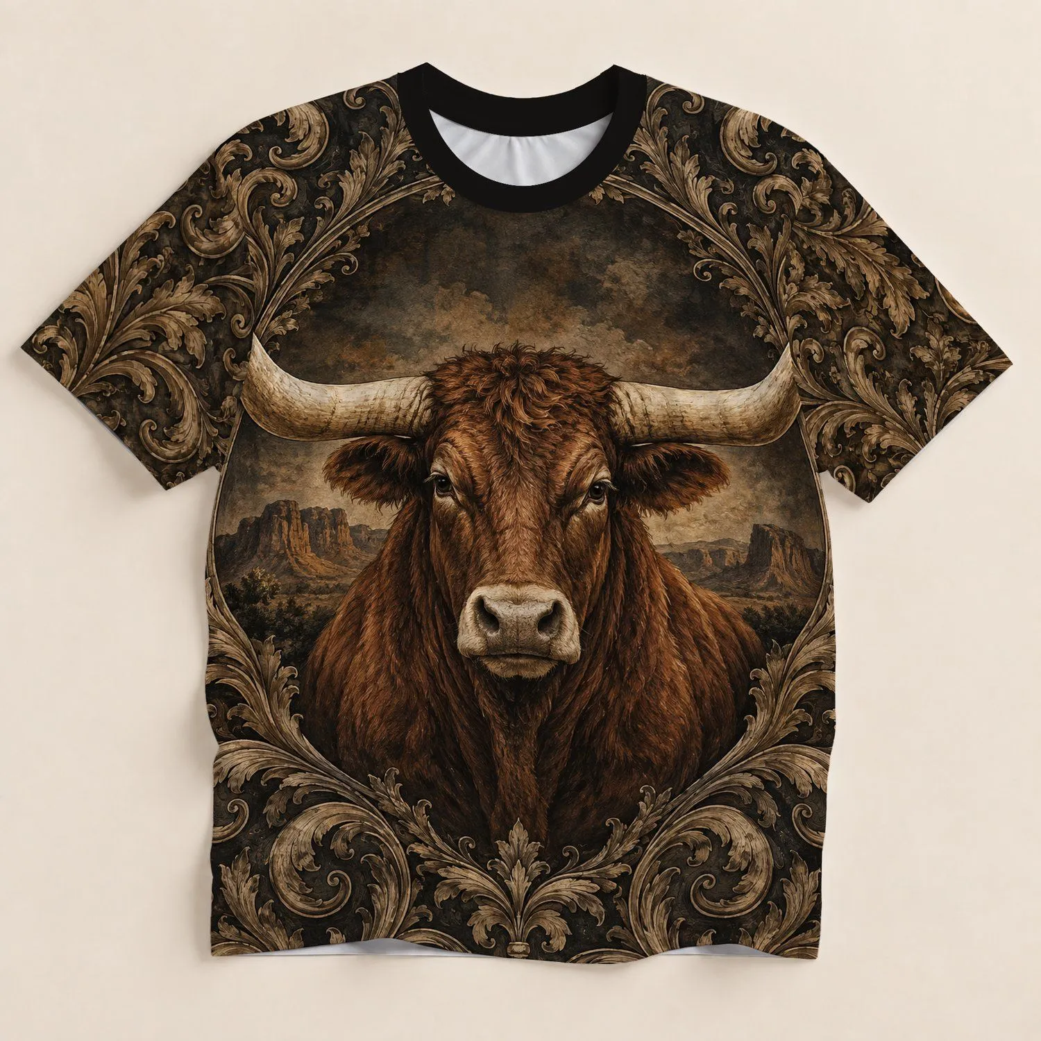 Longhorn Bull Western Scrollwork for Ranch Days and Country Weekends All-over Print Unisex T-shirt - 1