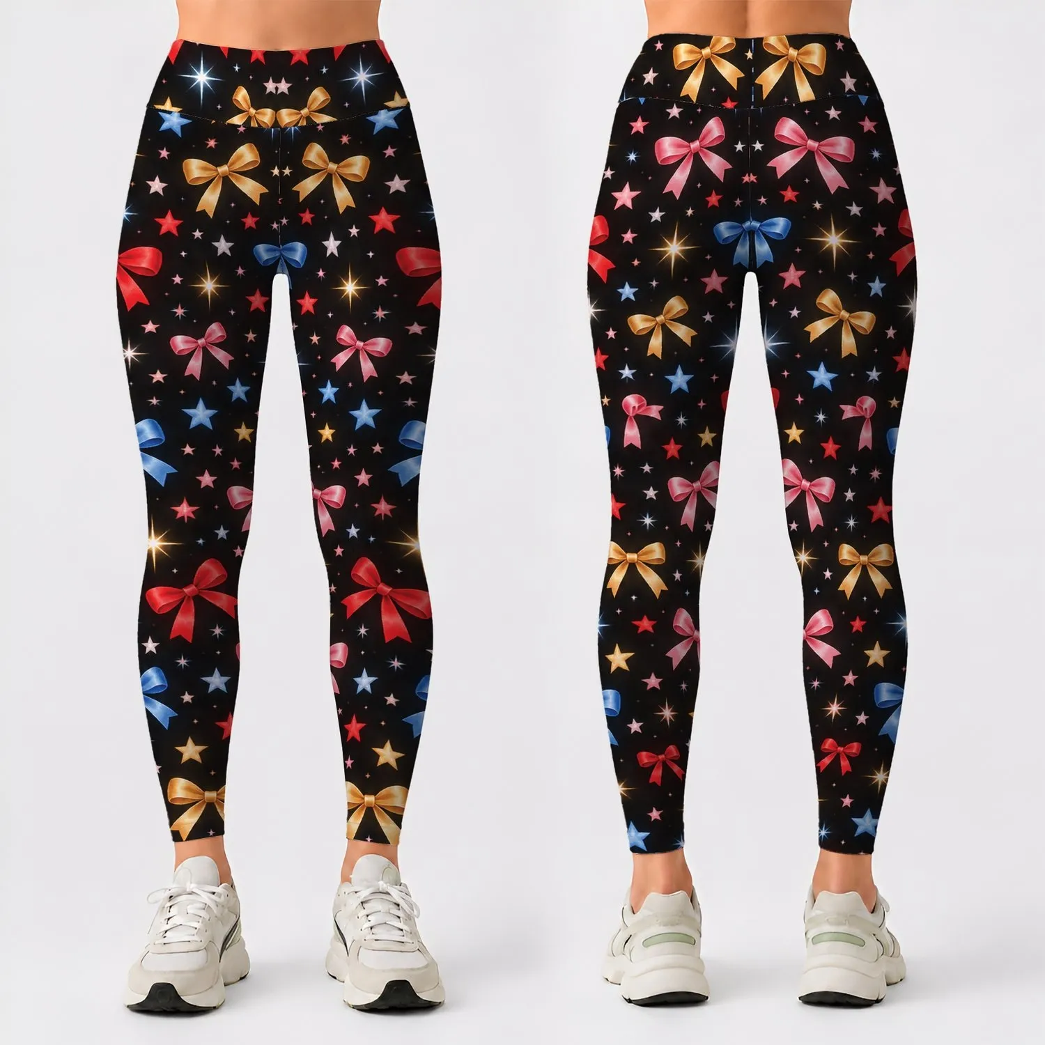 Bow and Star Motifs in Bright Colors for Playful Yoga and Everyday Athleisure Women Leggings - 1